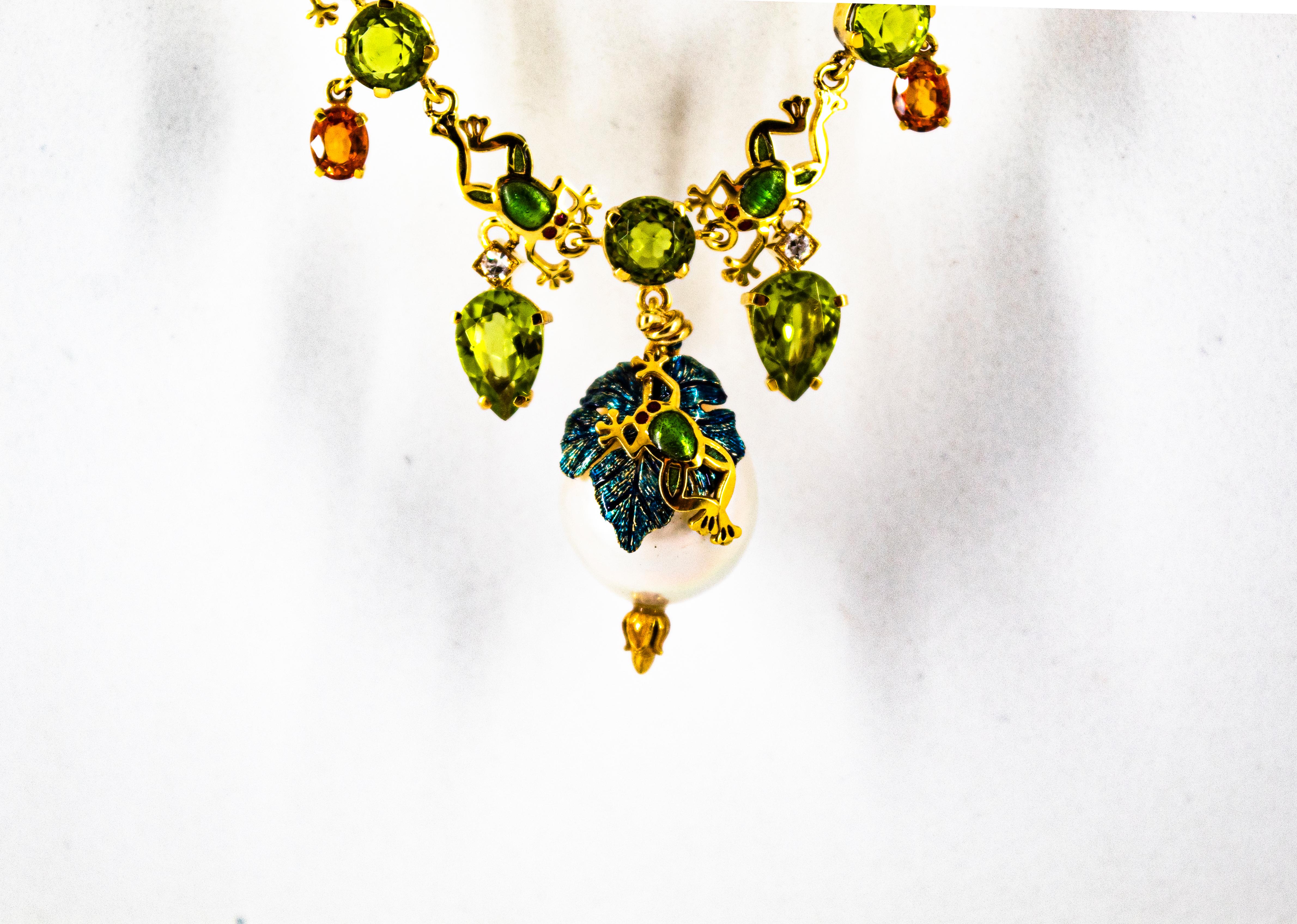 Halskette aus Gelbgold mit weißem Jugendstil-Diamant, Peridot, gelbem Saphir und Perle im Angebot 1