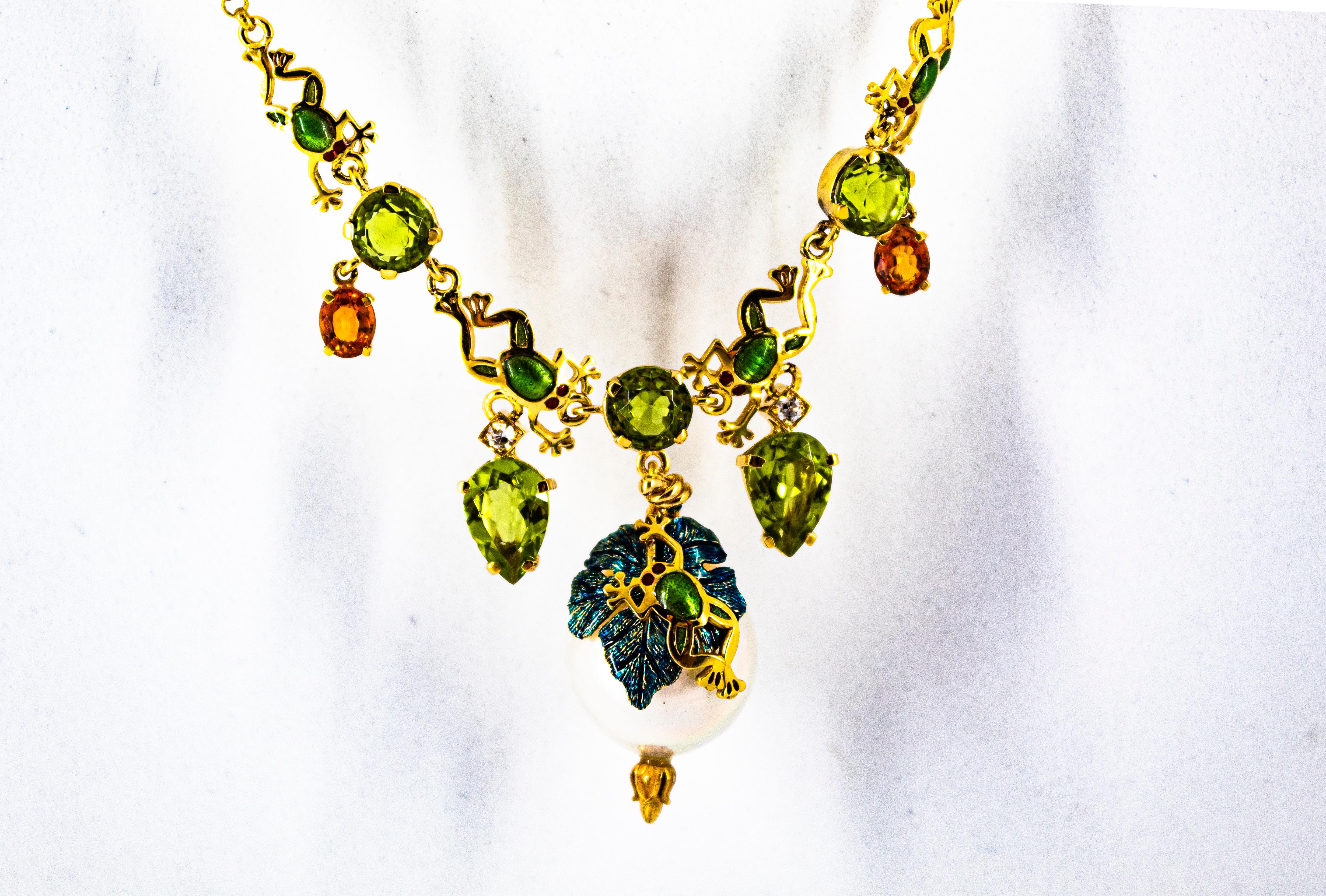 Halskette aus Gelbgold mit weißem Jugendstil-Diamant, Peridot, gelbem Saphir und Perle im Angebot 2