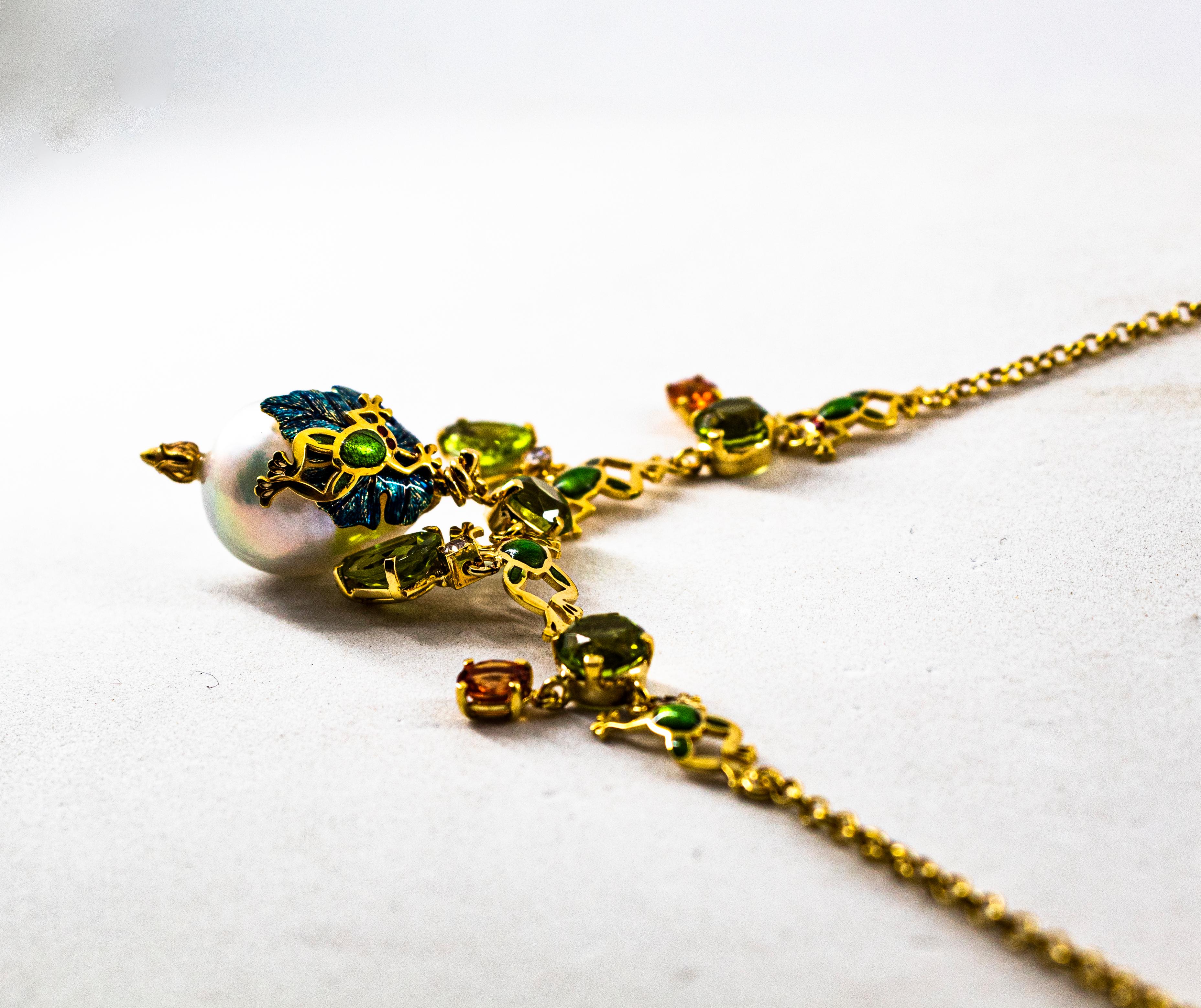 Halskette aus Gelbgold mit weißem Jugendstil-Diamant, Peridot, gelbem Saphir und Perle im Angebot 3