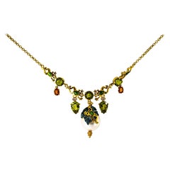 Art Nouveau Diamante Blanco Peridoto Zafiro Amarillo Perla Collar de Oro Amarillo