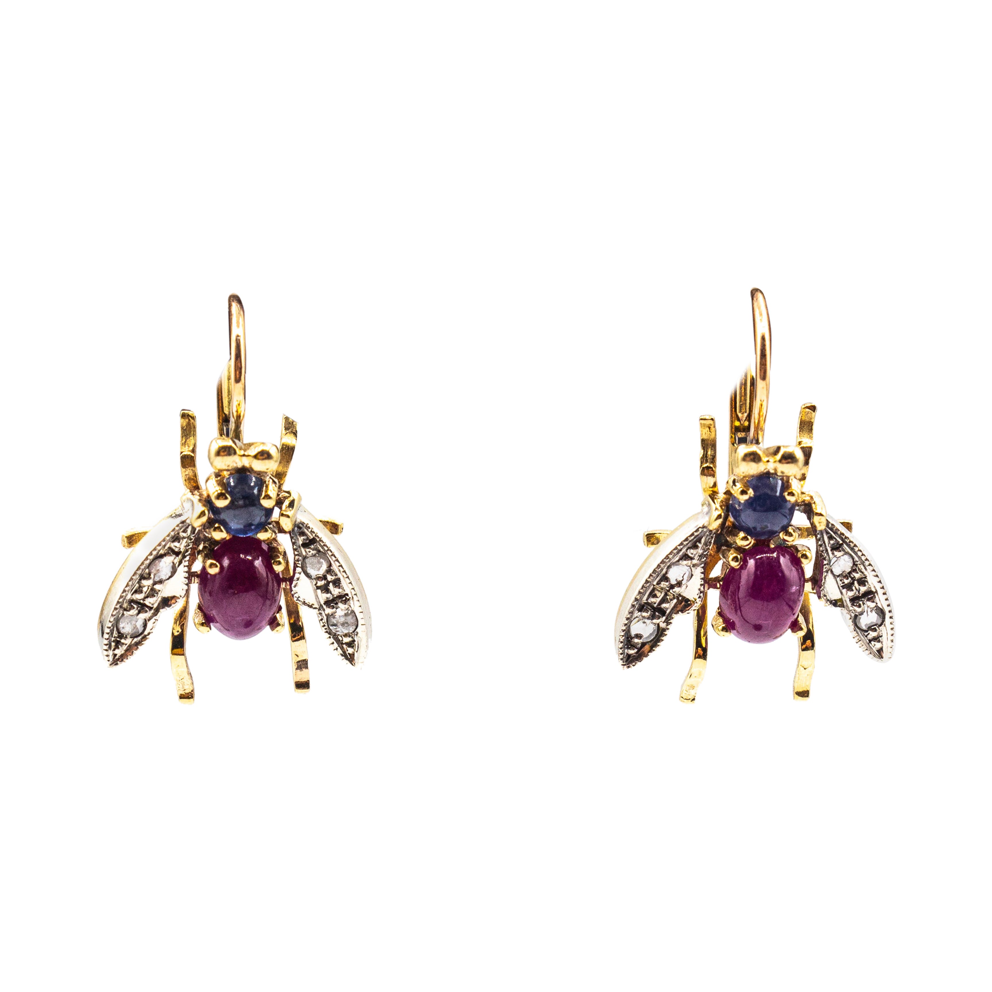 Jugendstil-Ohrringe „Flies“ aus Gelbgold mit weißem Diamant, Rubin, blauem Saphir und Gelbgold