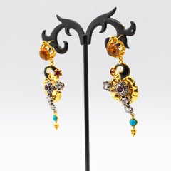 Art Nouveau White Diamond Ruby Citrine Turquoise Yellow Gold "Flowers" Earrings
