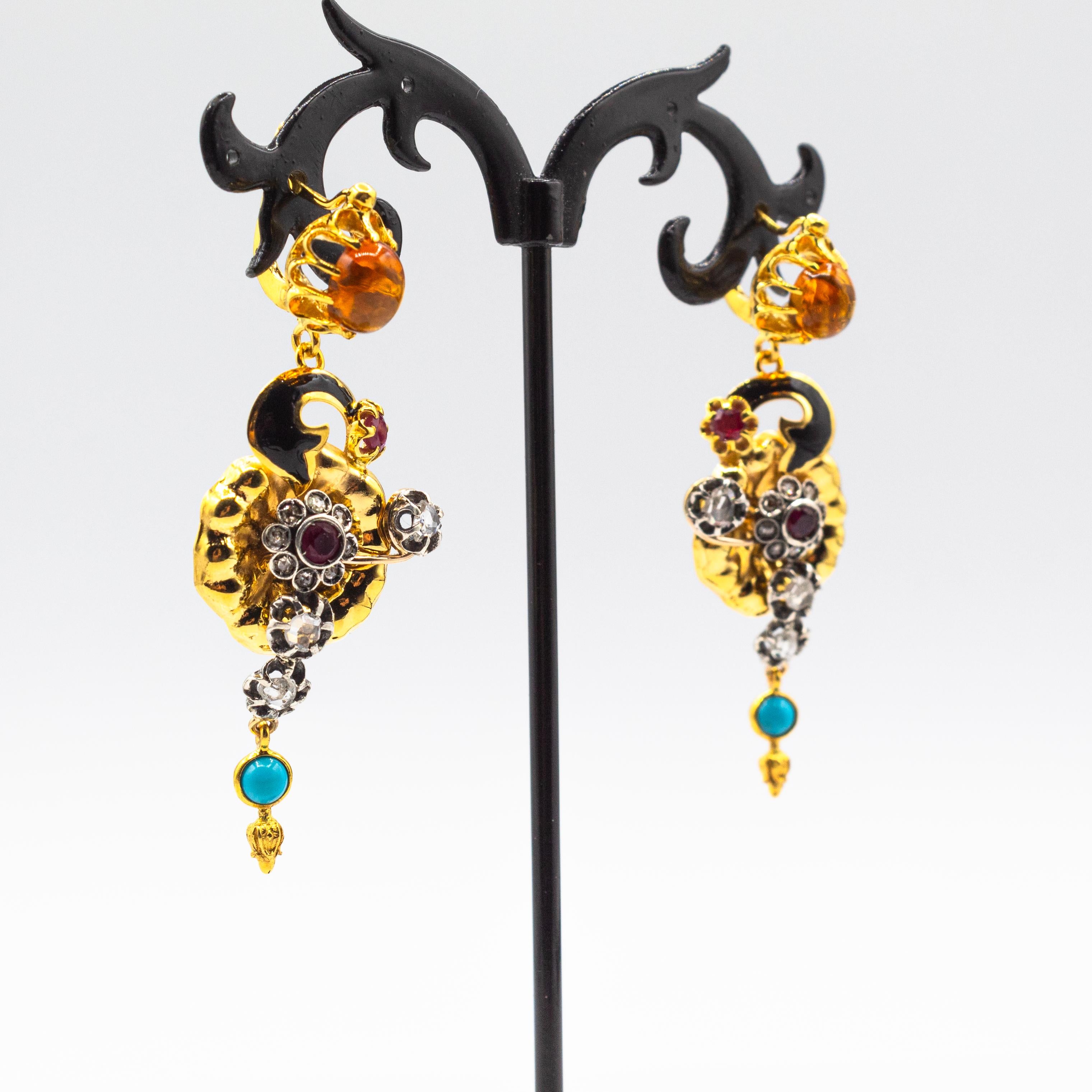 Art Nouveau White Diamond Ruby Citrine Turquoise Yellow Gold 