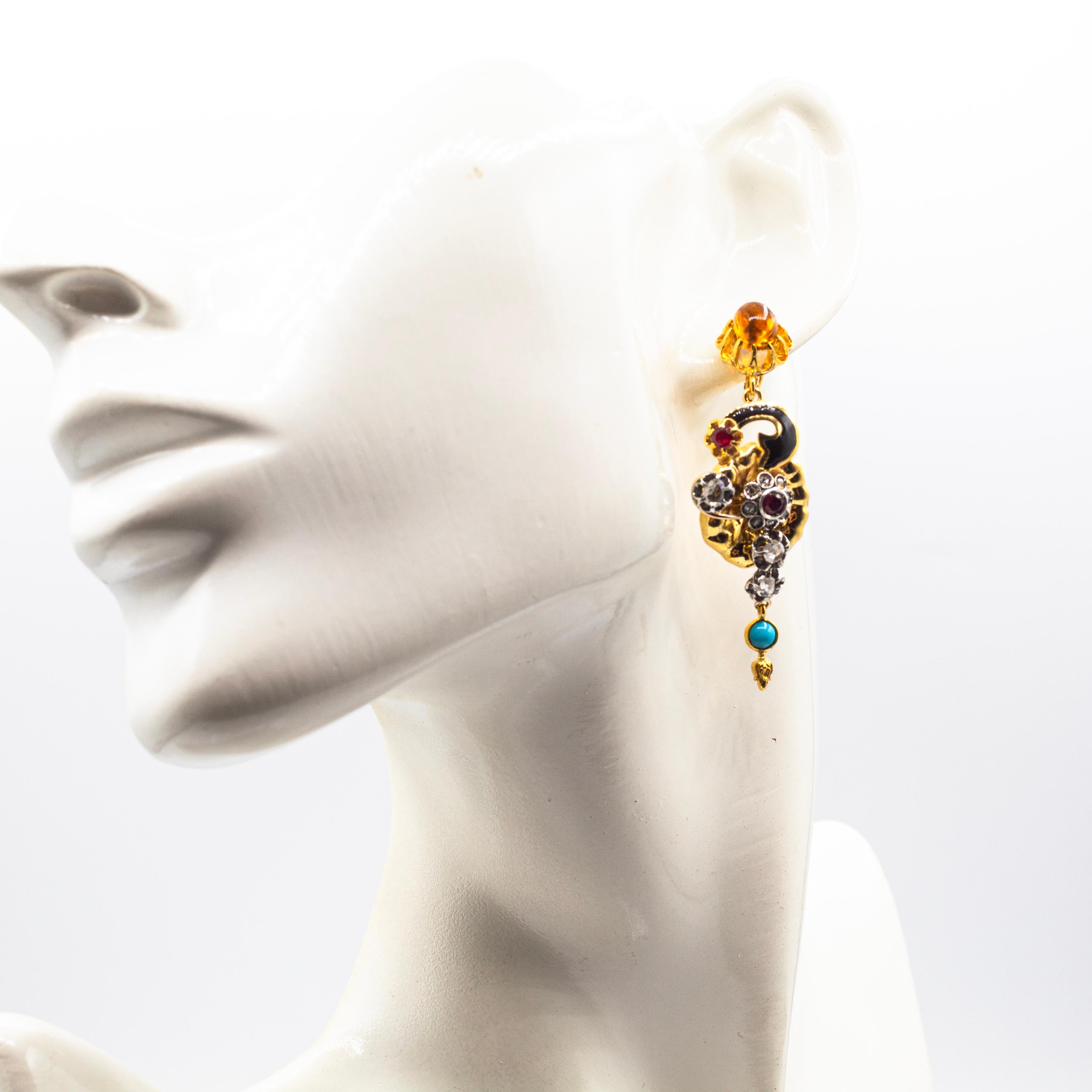 Femenino o masculino Art Nouveau White Diamond Ruby Citrine Turquoise Yellow Gold 
