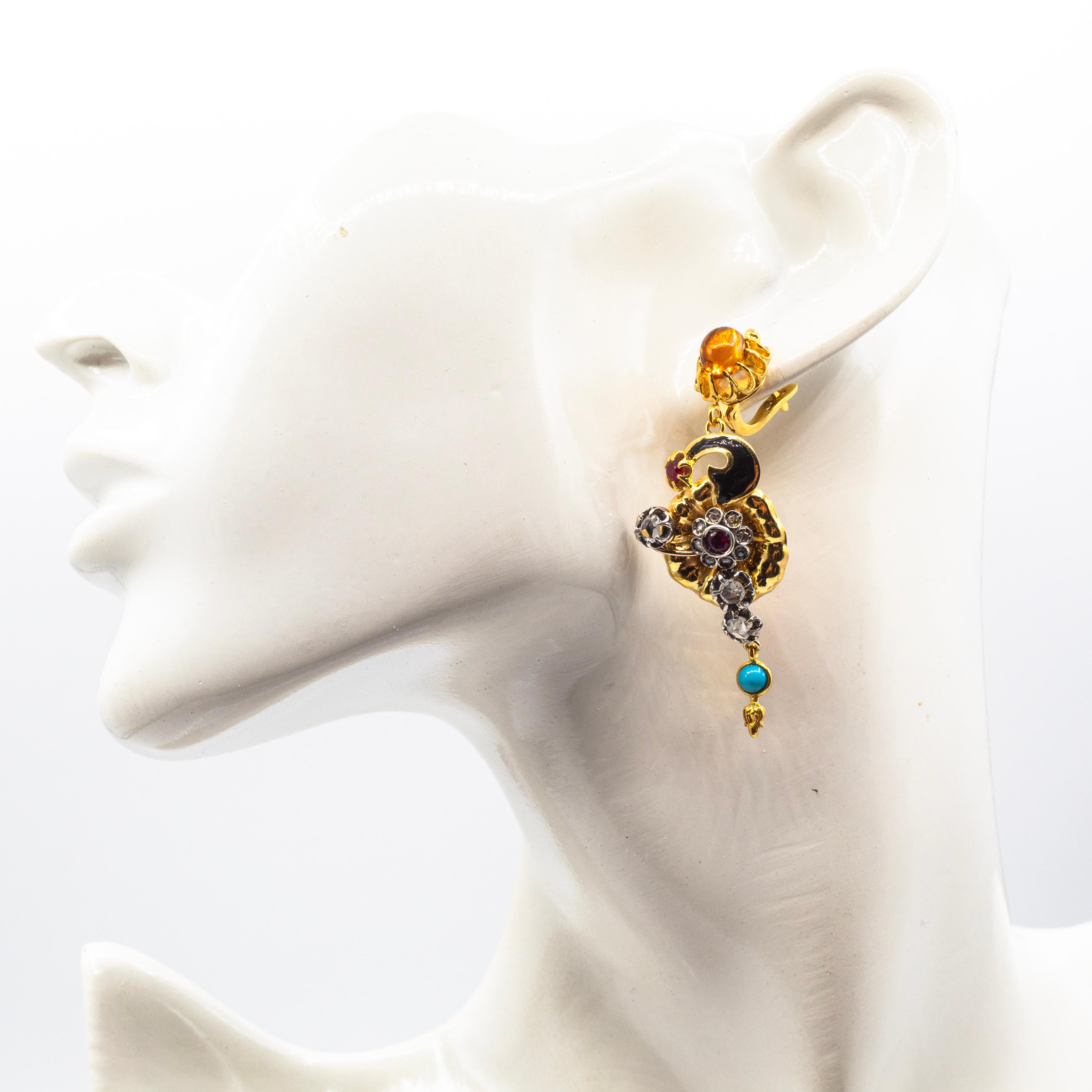 Art Nouveau White Diamond Ruby Citrine Turquoise Yellow Gold 