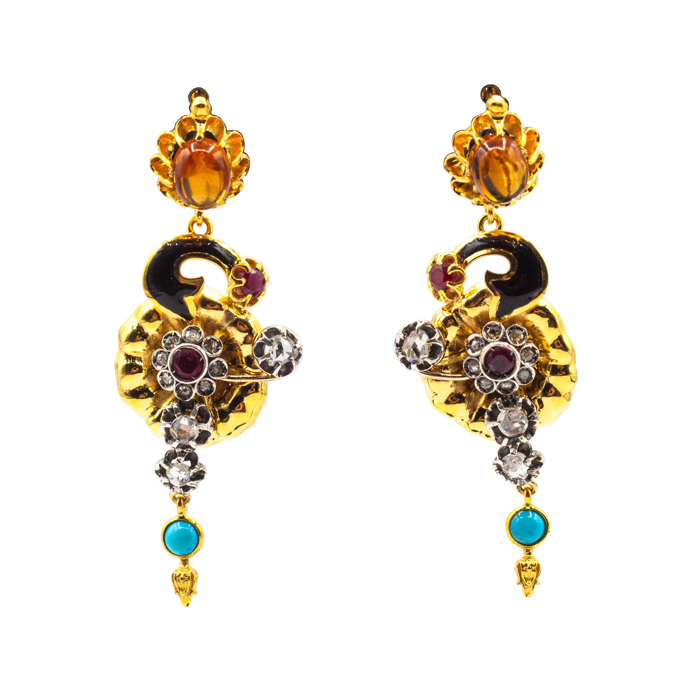 Orecchini "Fiori" in oro giallo Art Nouveau con diamante bianco, rubino, citrino e turchese in vendita