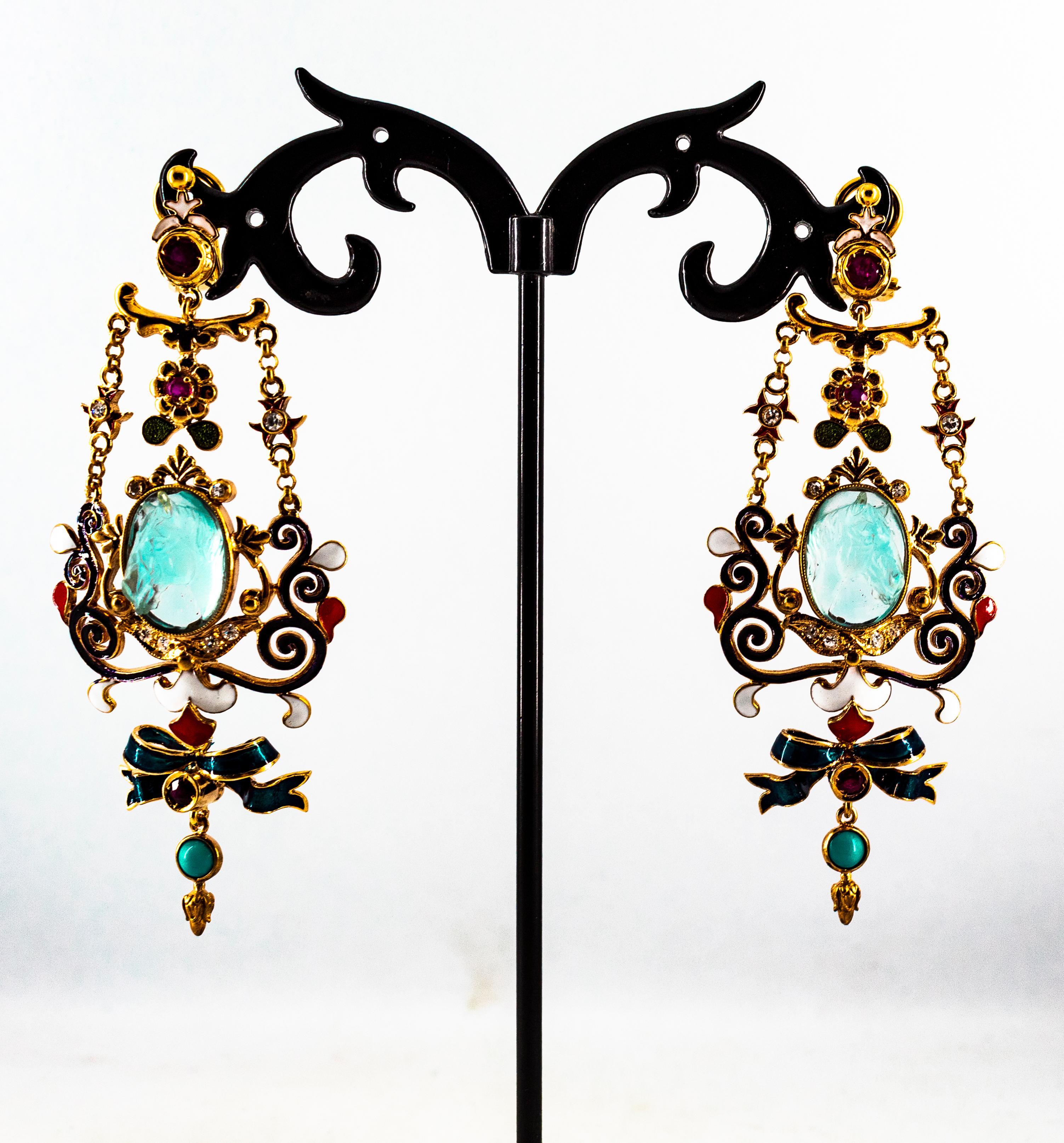 Art Nouveau White Diamond Ruby Coral Carved Topaz Yellow Gold Clip-On Earrings 8