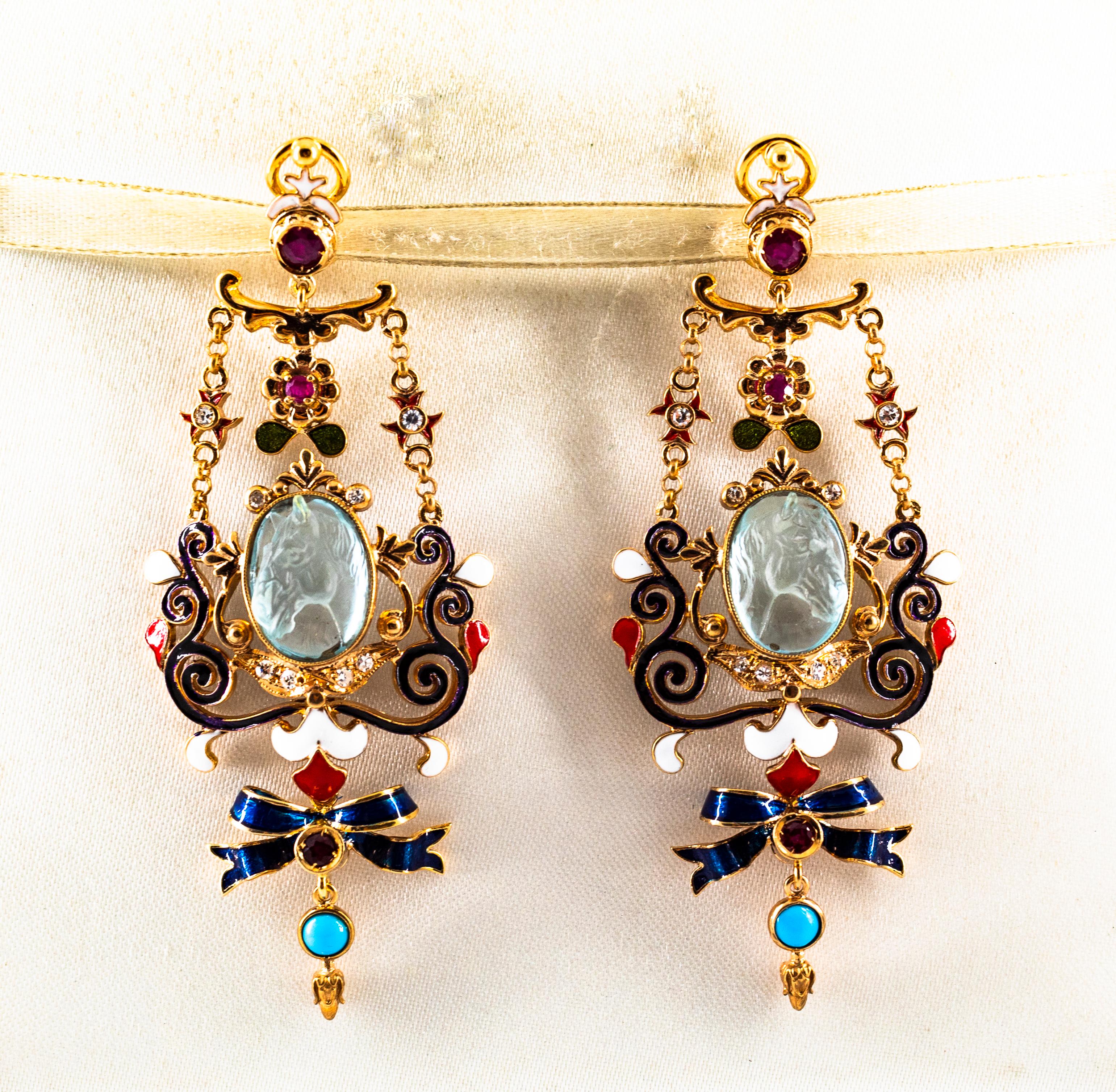 Art Nouveau White Diamond Ruby Coral Carved Topaz Yellow Gold Clip-On Earrings In New Condition In Naples, IT