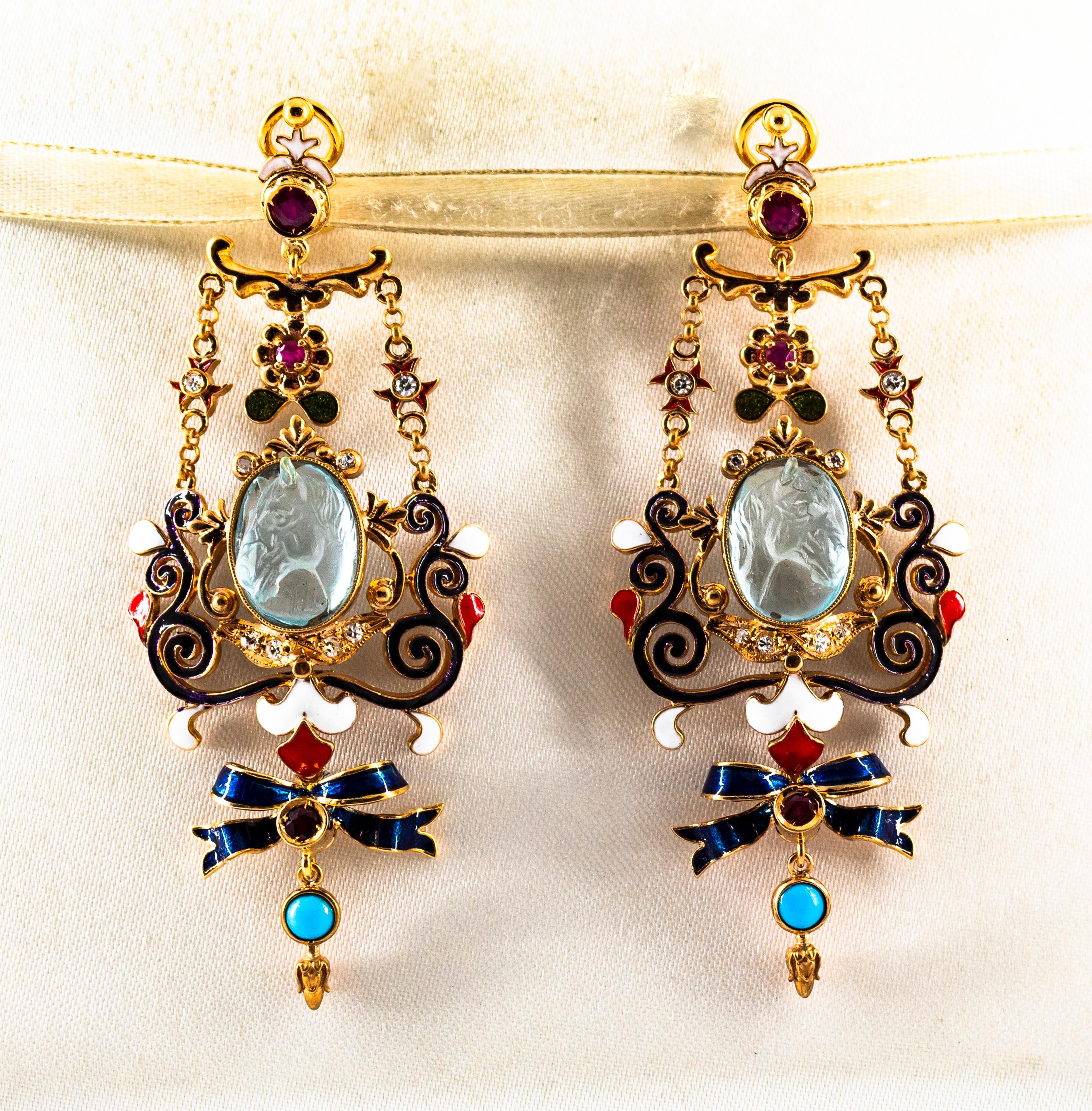 Women's or Men's Art Nouveau White Diamond Ruby Coral Carved Topaz Yellow Gold Clip-On Earrings