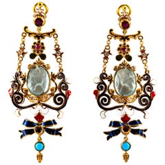 Art Nouveau White Diamond Ruby Coral Carved Topaz Yellow Gold Clip-On Earrings
