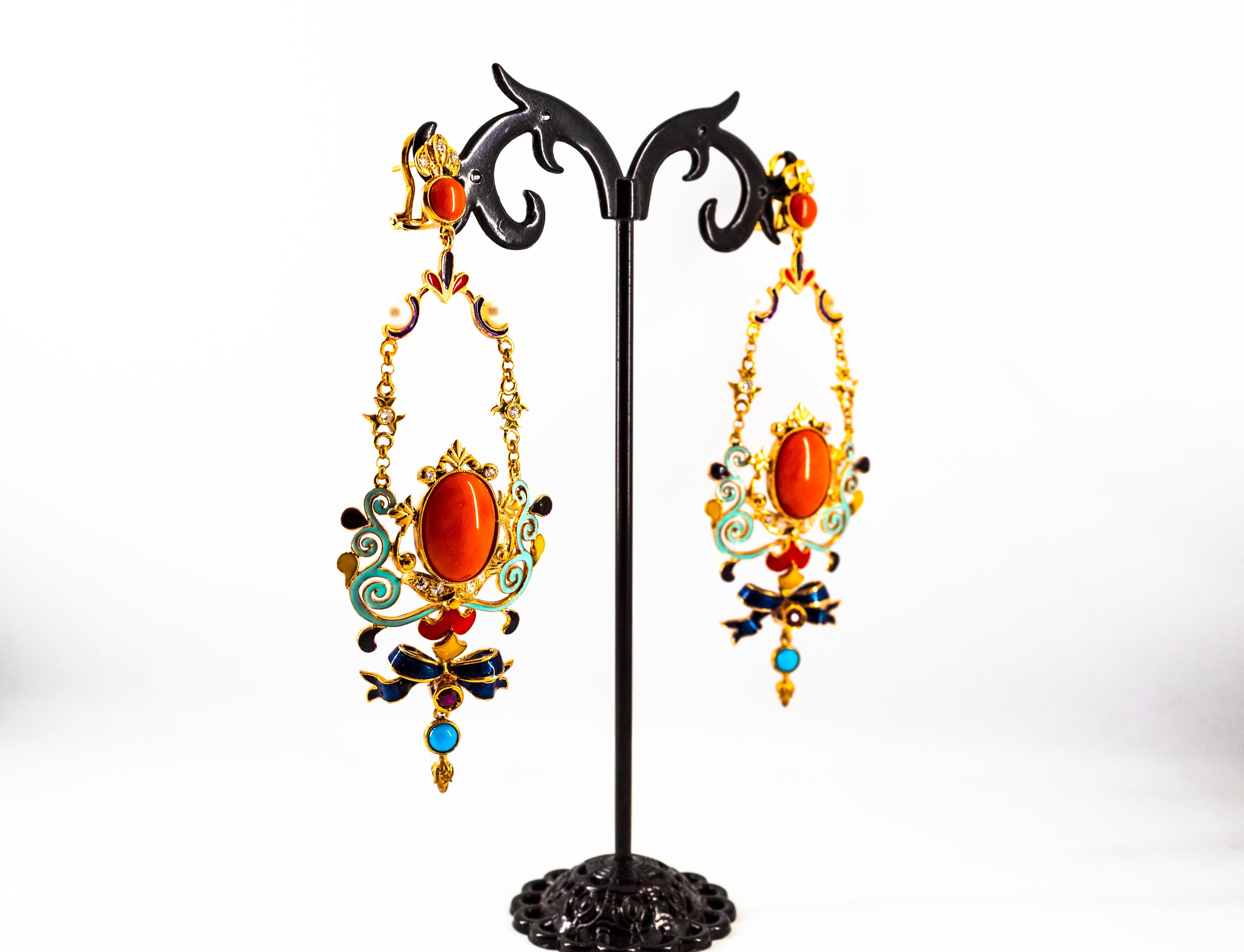 Art Nouveau White Diamond Ruby Coral Turquoise Yellow Gold Drop Clip-On Earrings For Sale 5