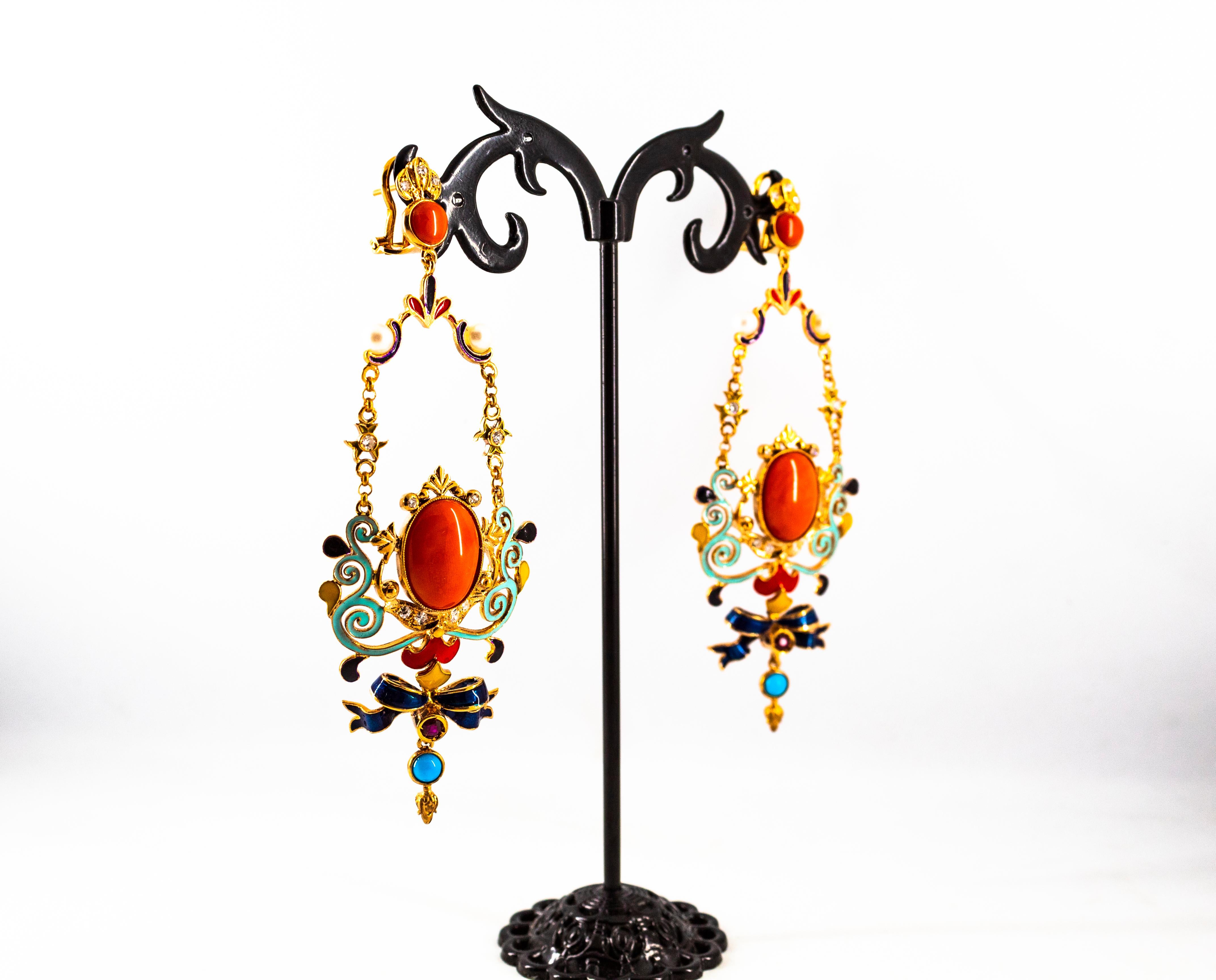 Art Nouveau White Diamond Ruby Coral Turquoise Yellow Gold Drop Clip-On Earrings For Sale 6