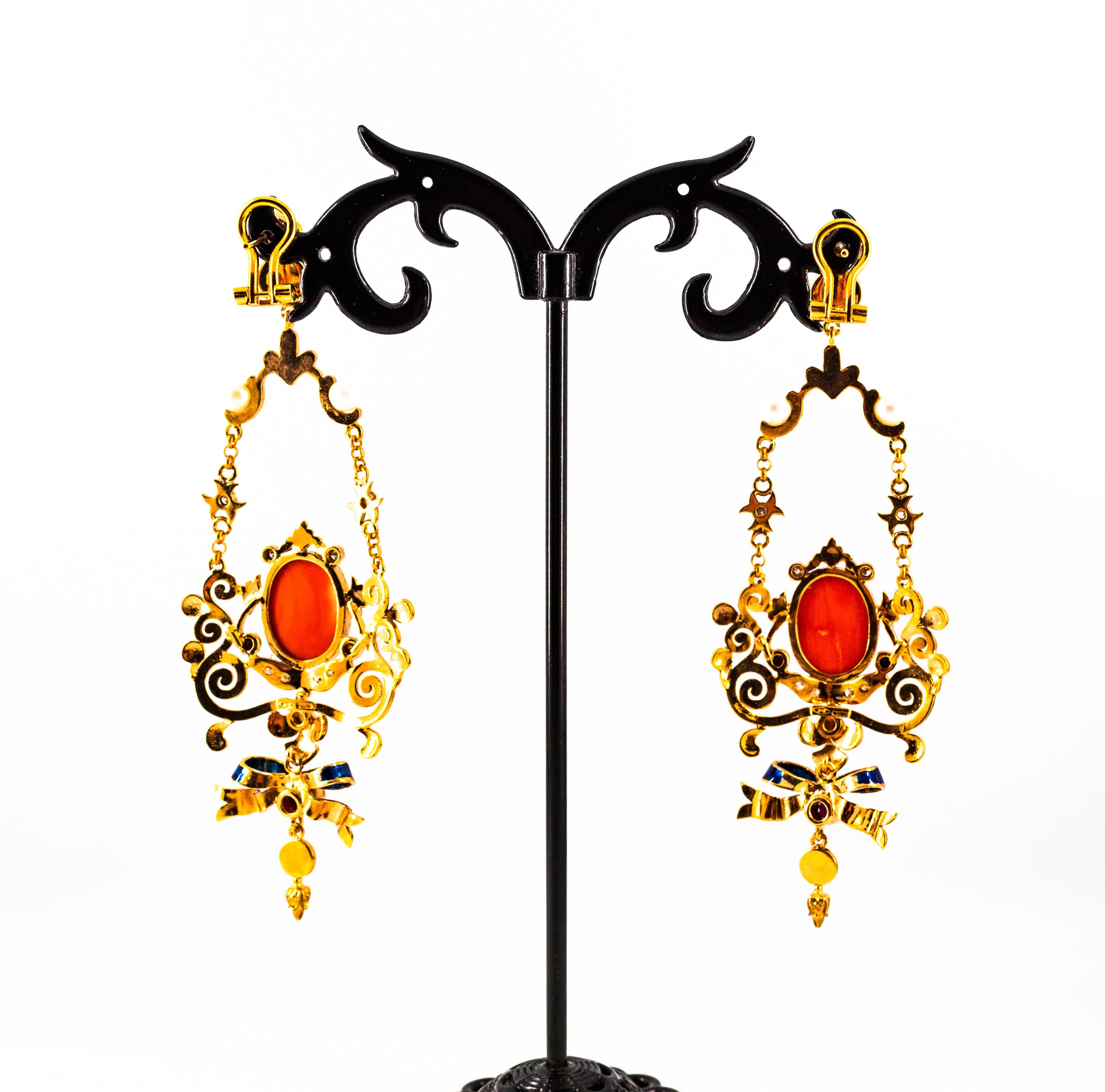 Art Nouveau White Diamond Ruby Coral Turquoise Yellow Gold Drop Clip-On Earrings For Sale 7