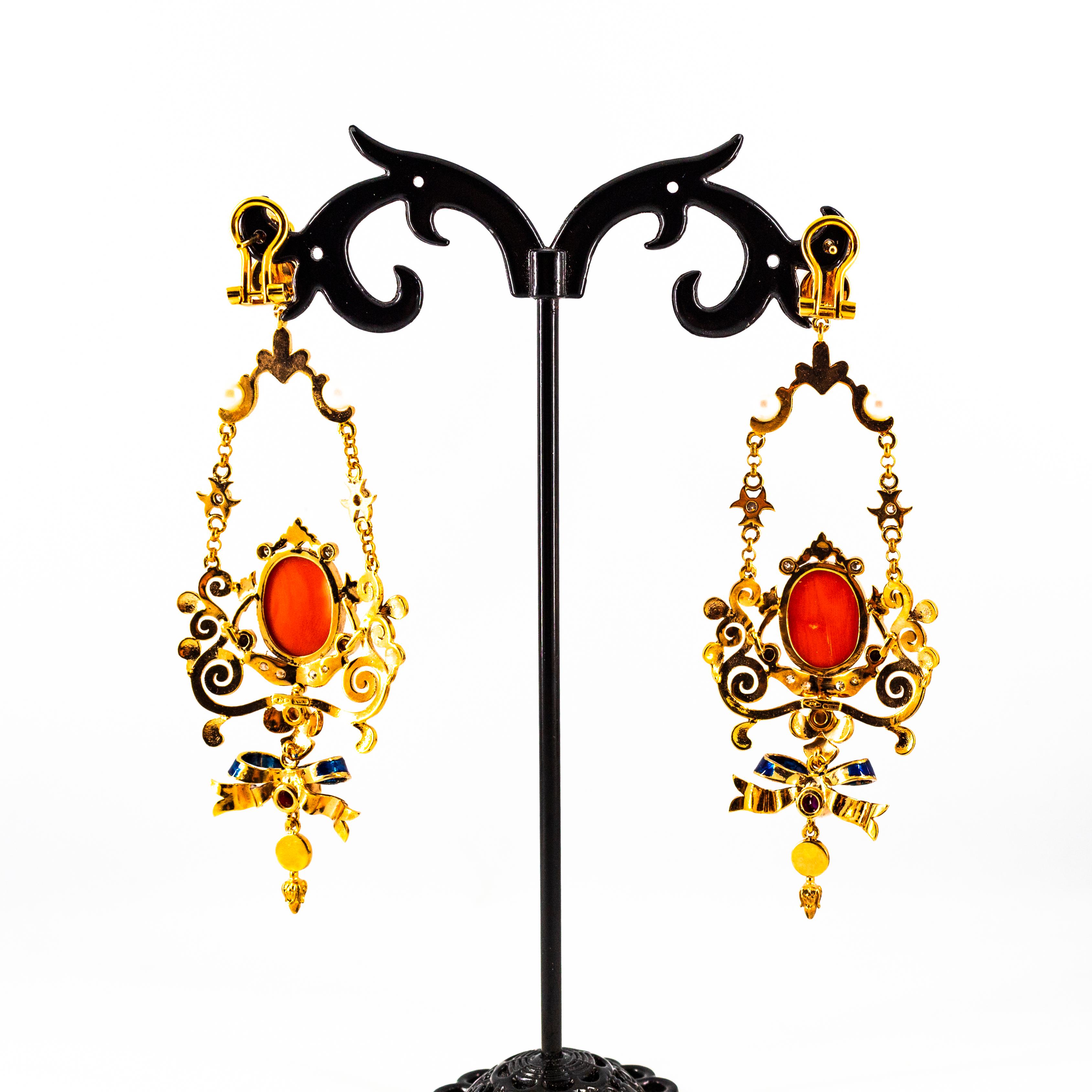 Art Nouveau White Diamond Ruby Coral Turquoise Yellow Gold Drop Clip-On Earrings For Sale 8