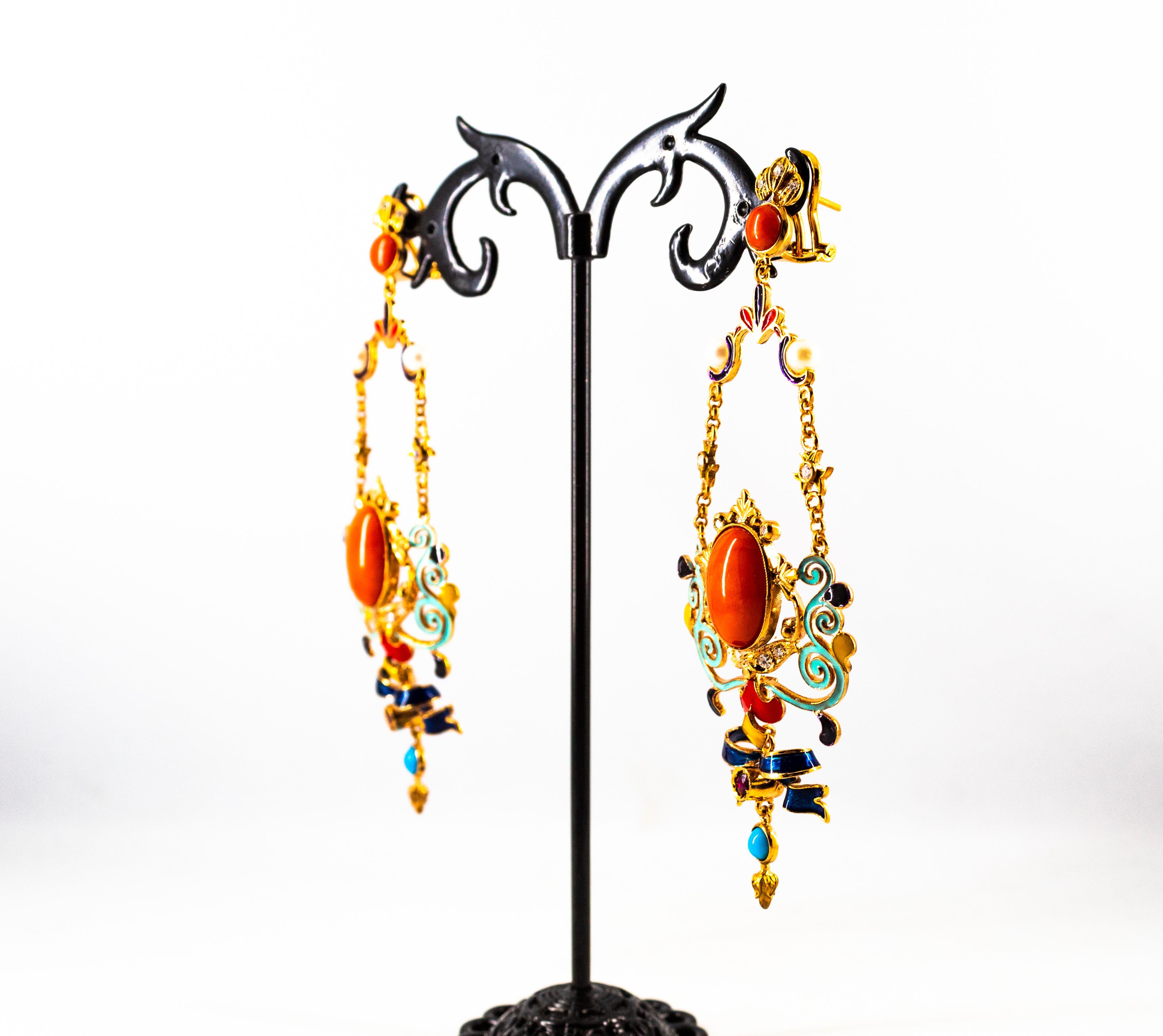 Art Nouveau White Diamond Ruby Coral Turquoise Yellow Gold Drop Clip-On Earrings For Sale 9