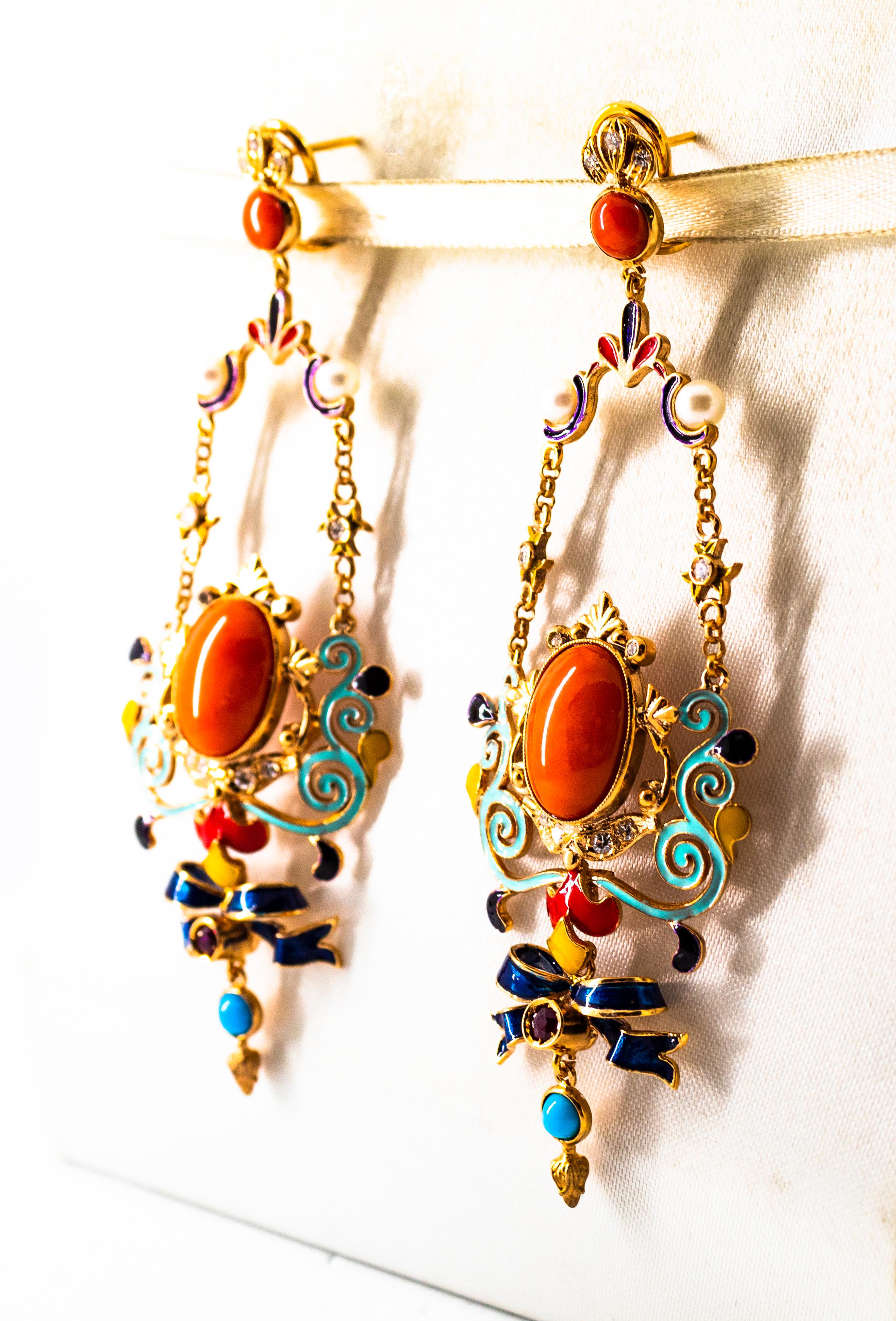 Art Nouveau White Diamond Ruby Coral Turquoise Yellow Gold Drop Clip-On Earrings For Sale 1