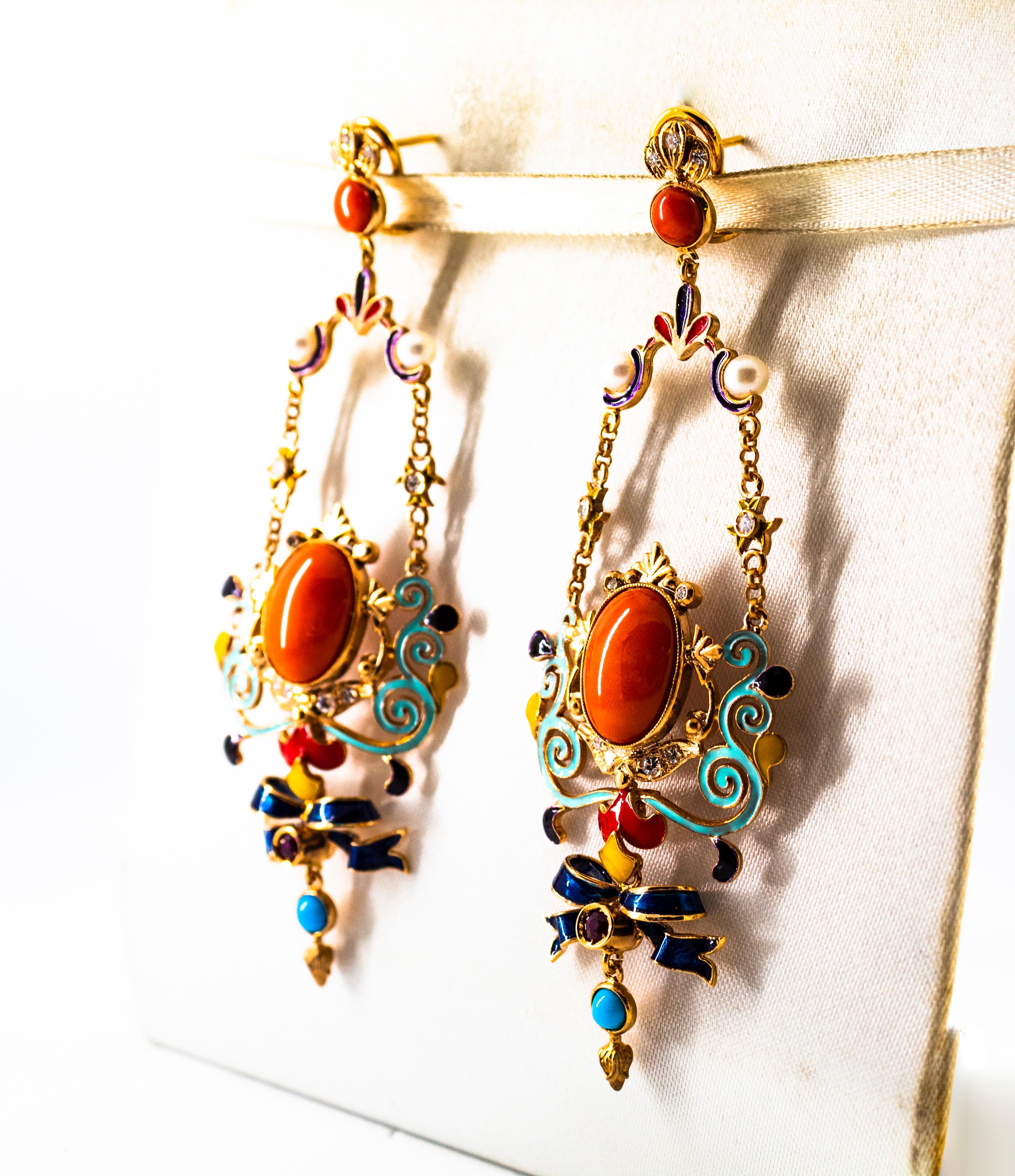 Art Nouveau White Diamond Ruby Coral Turquoise Yellow Gold Drop Clip-On Earrings For Sale 2