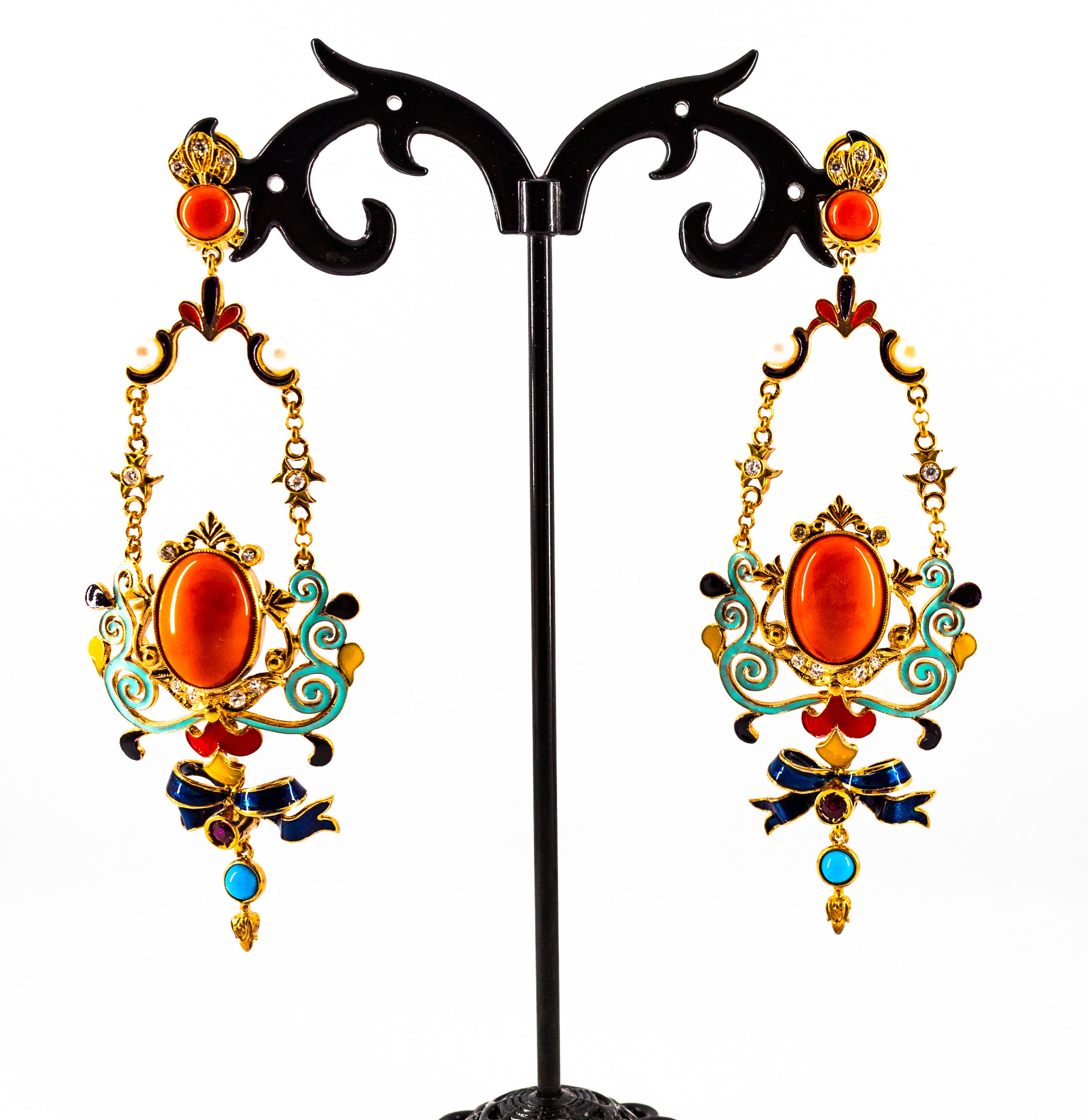 Art Nouveau White Diamond Ruby Coral Turquoise Yellow Gold Drop Clip-On Earrings For Sale 3