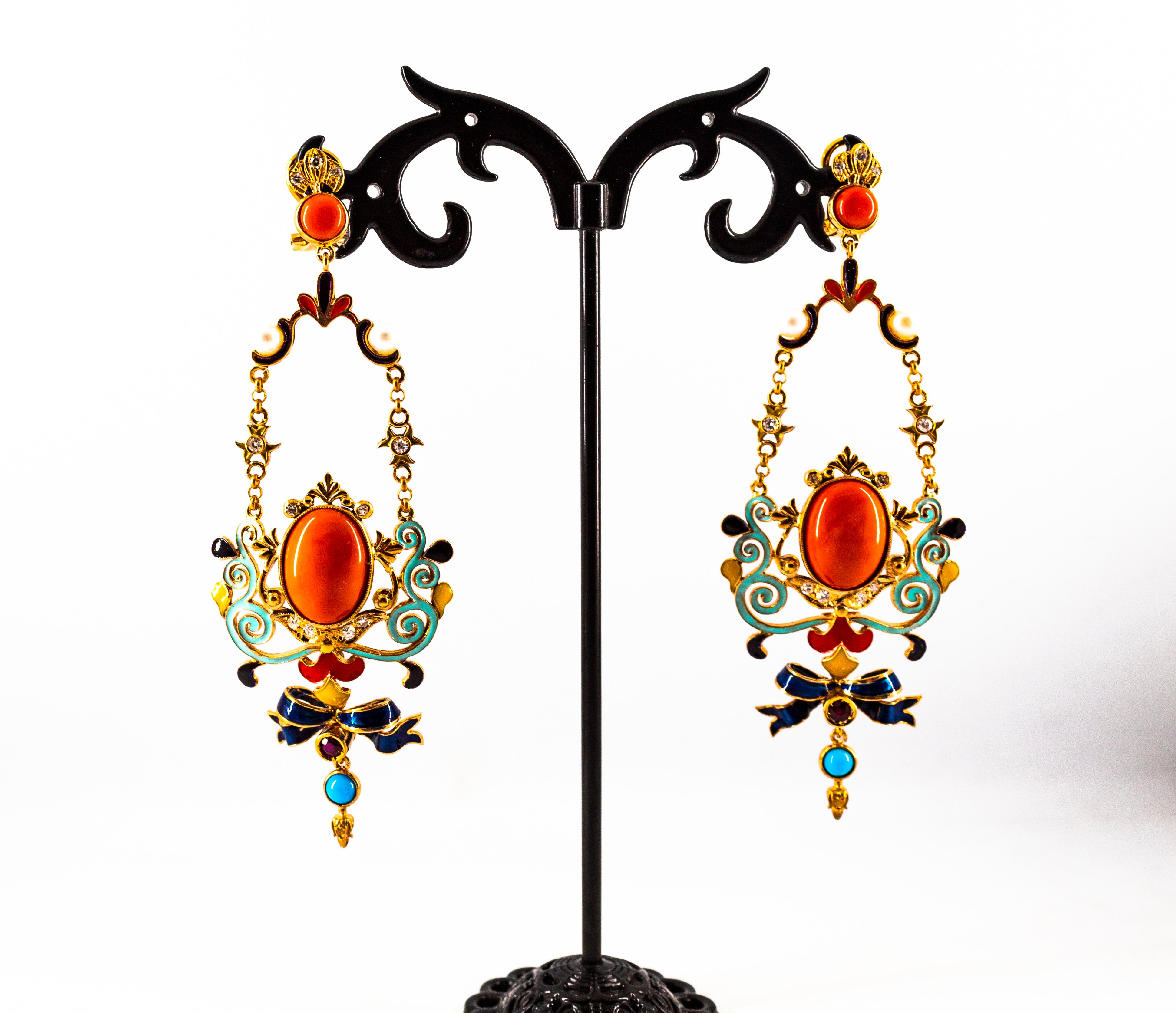 Art Nouveau White Diamond Ruby Coral Turquoise Yellow Gold Drop Clip-On Earrings For Sale 4