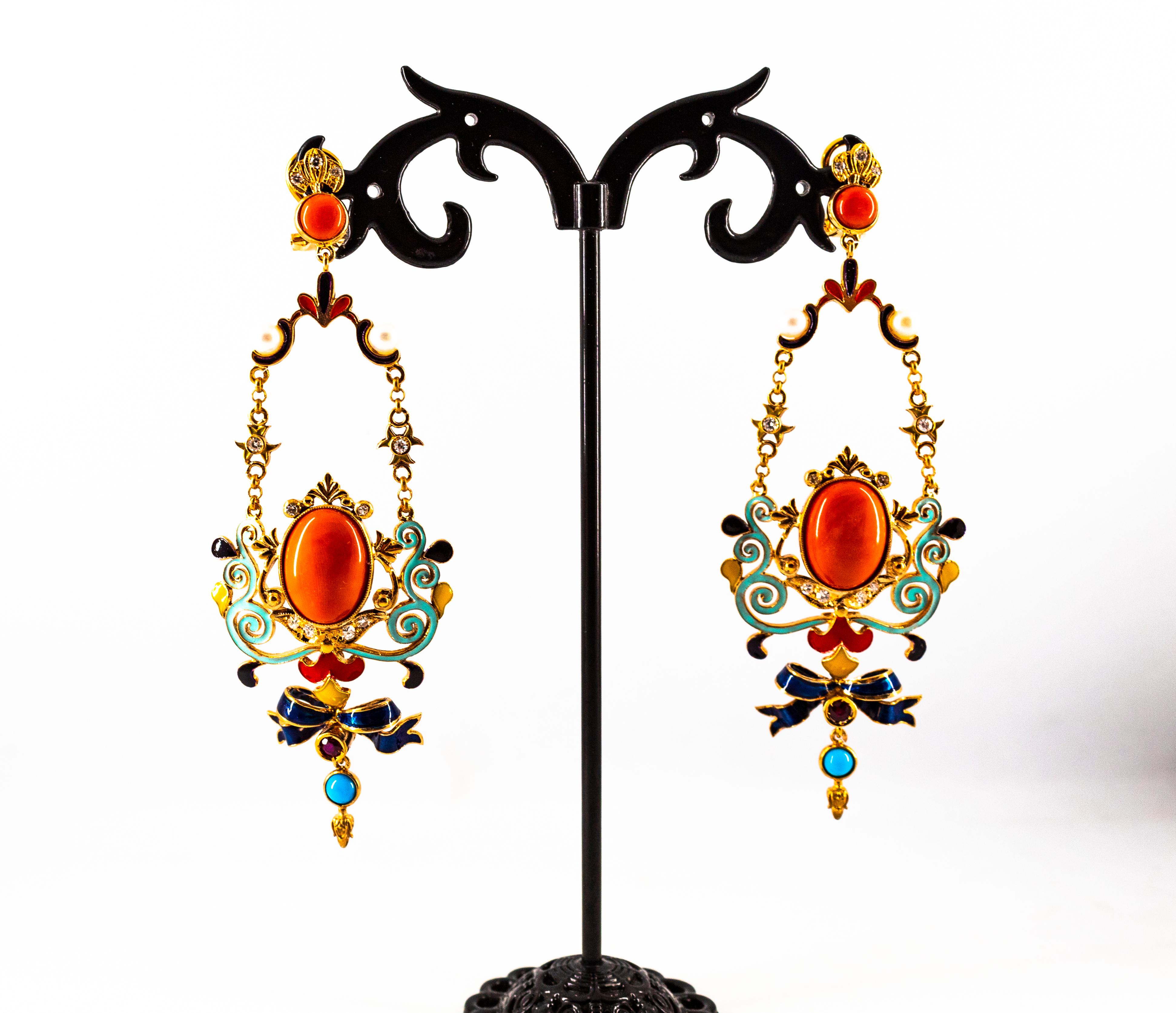 Clips d'oreilles en goutte Art Nouveau en or jaune avec diamants blancs, rubis, corail et turquoise en vente 4