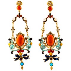 Art Nouveau White Diamond Ruby Coral Turquoise Yellow Gold Drop Clip-On Earrings