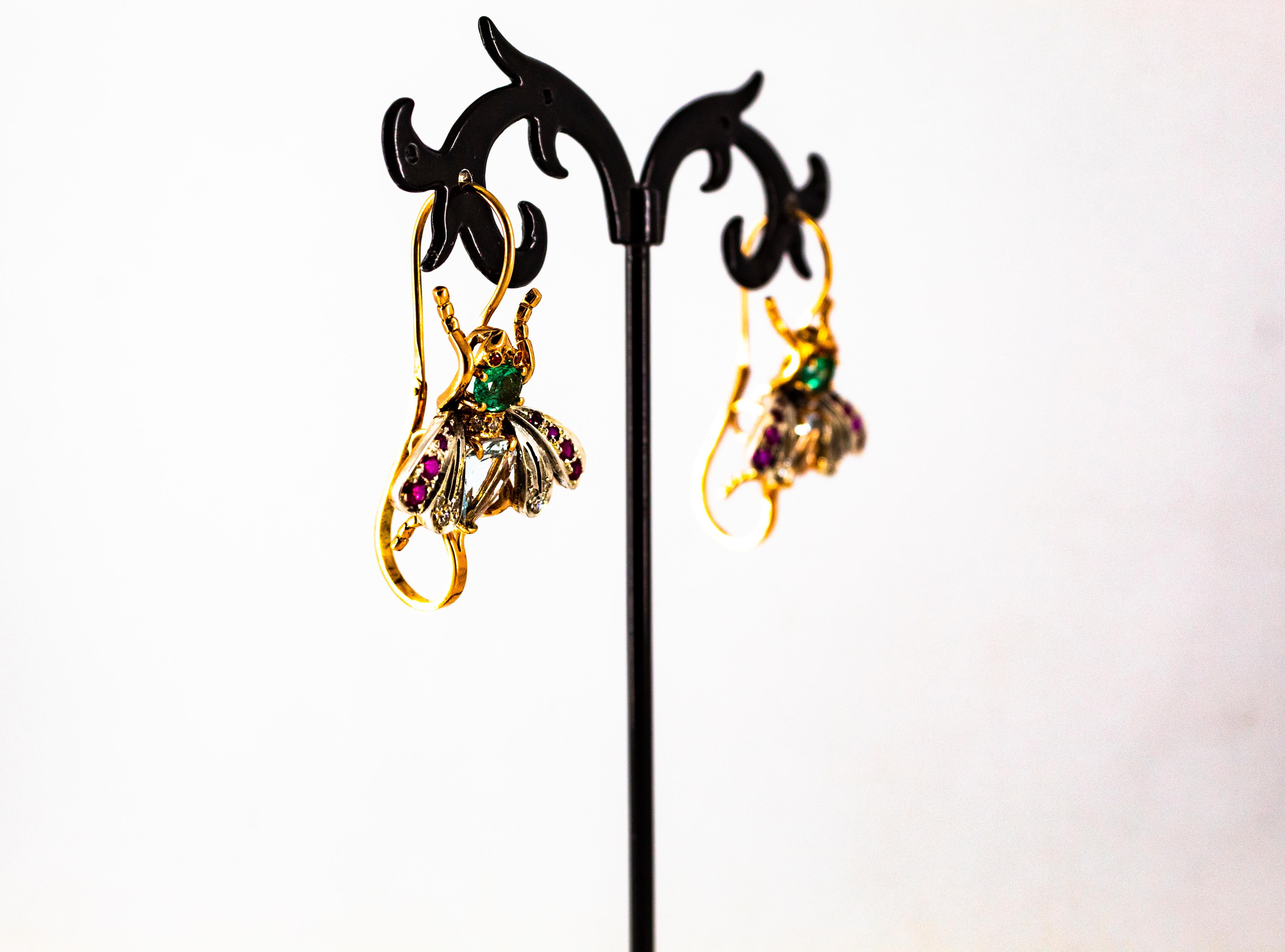 Boucles d'oreilles en goutte Art Nouveau en or jaune avec diamants blancs, rubis, émeraudes et aigue-marines en vente 4