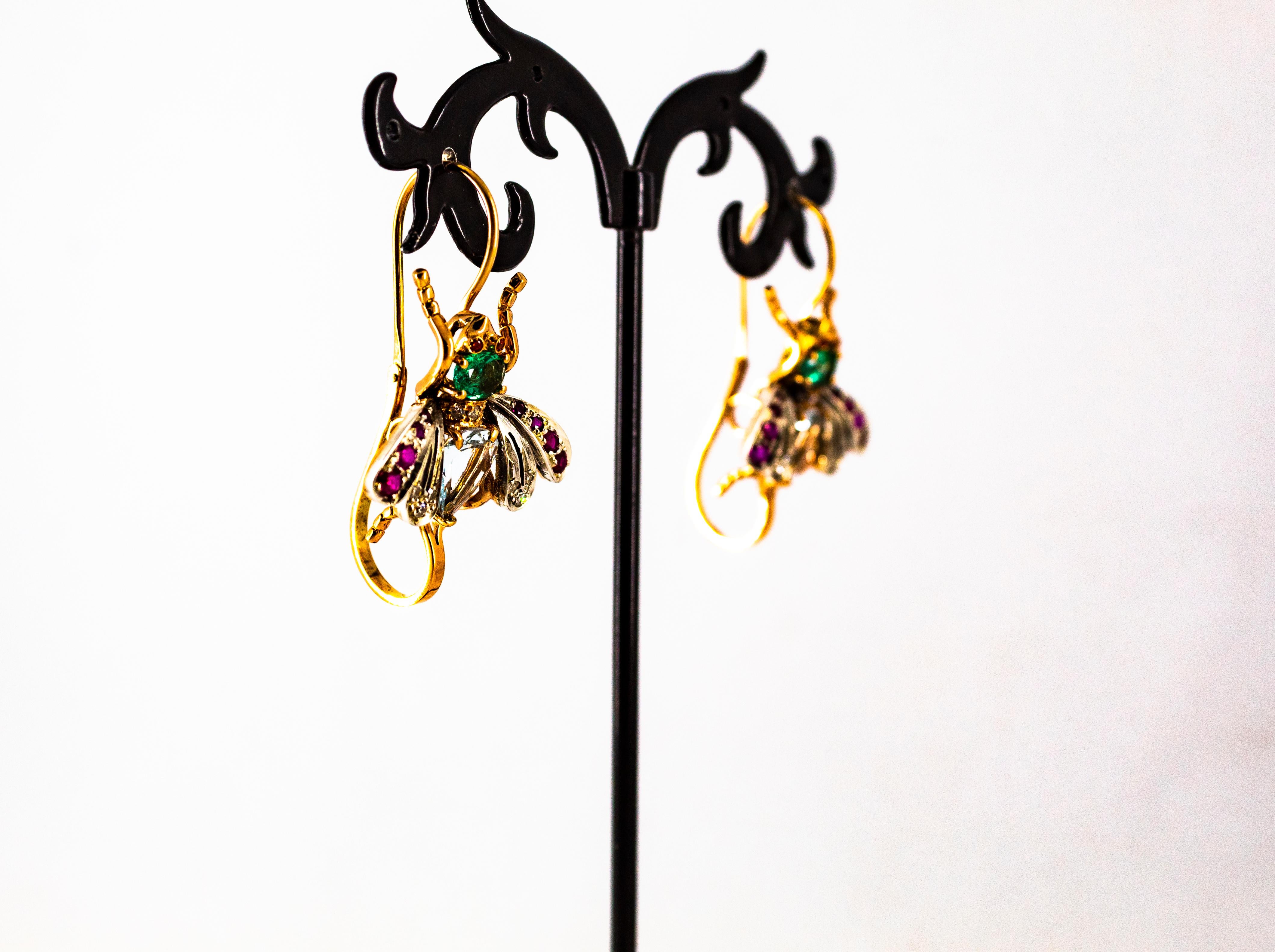 Boucles d'oreilles en goutte Art Nouveau en or jaune avec diamants blancs, rubis, émeraudes et aigue-marines en vente 5