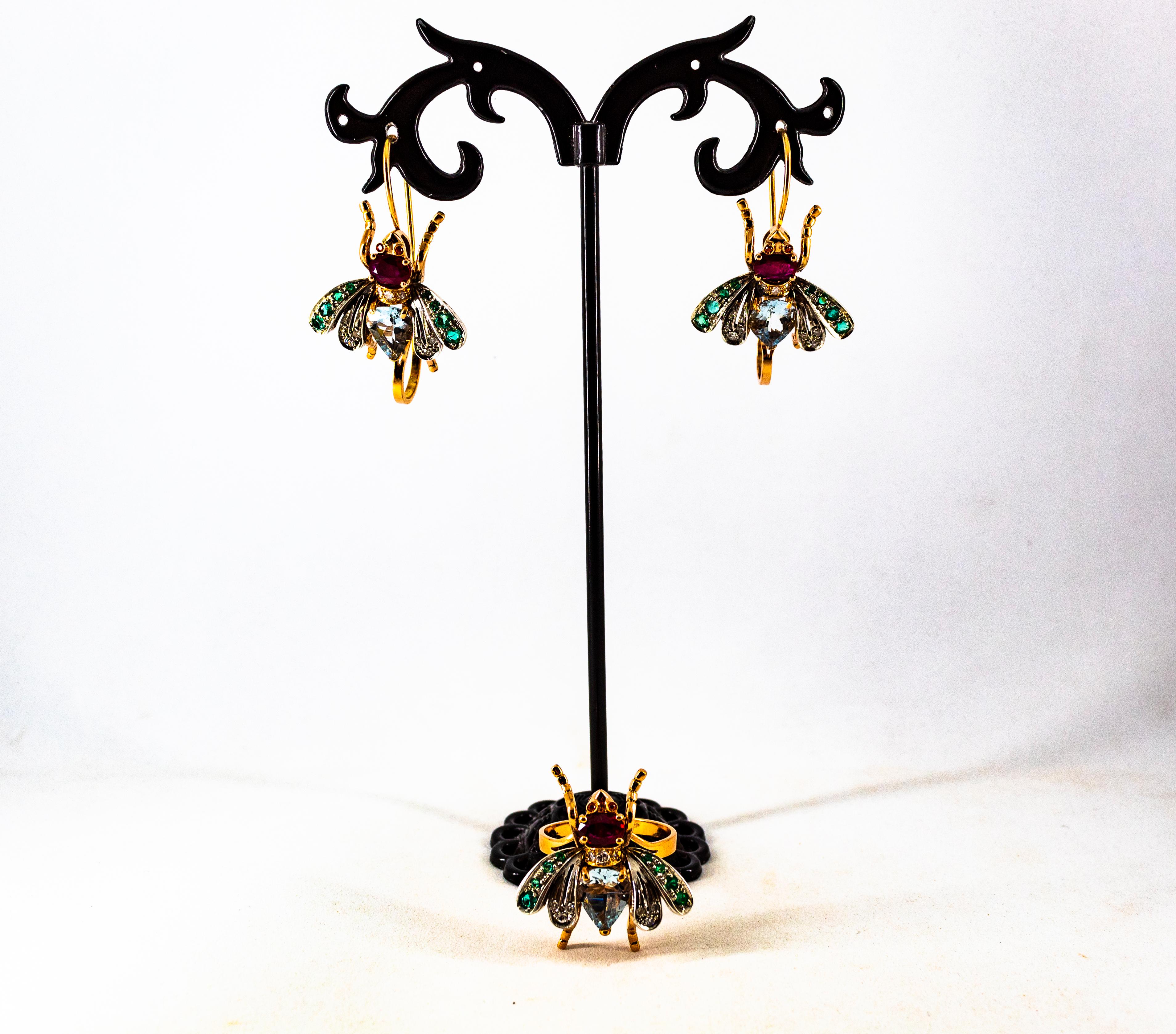 Boucles d'oreilles en goutte Art Nouveau en or jaune avec diamants blancs, rubis, émeraudes et aigue-marines en vente 5