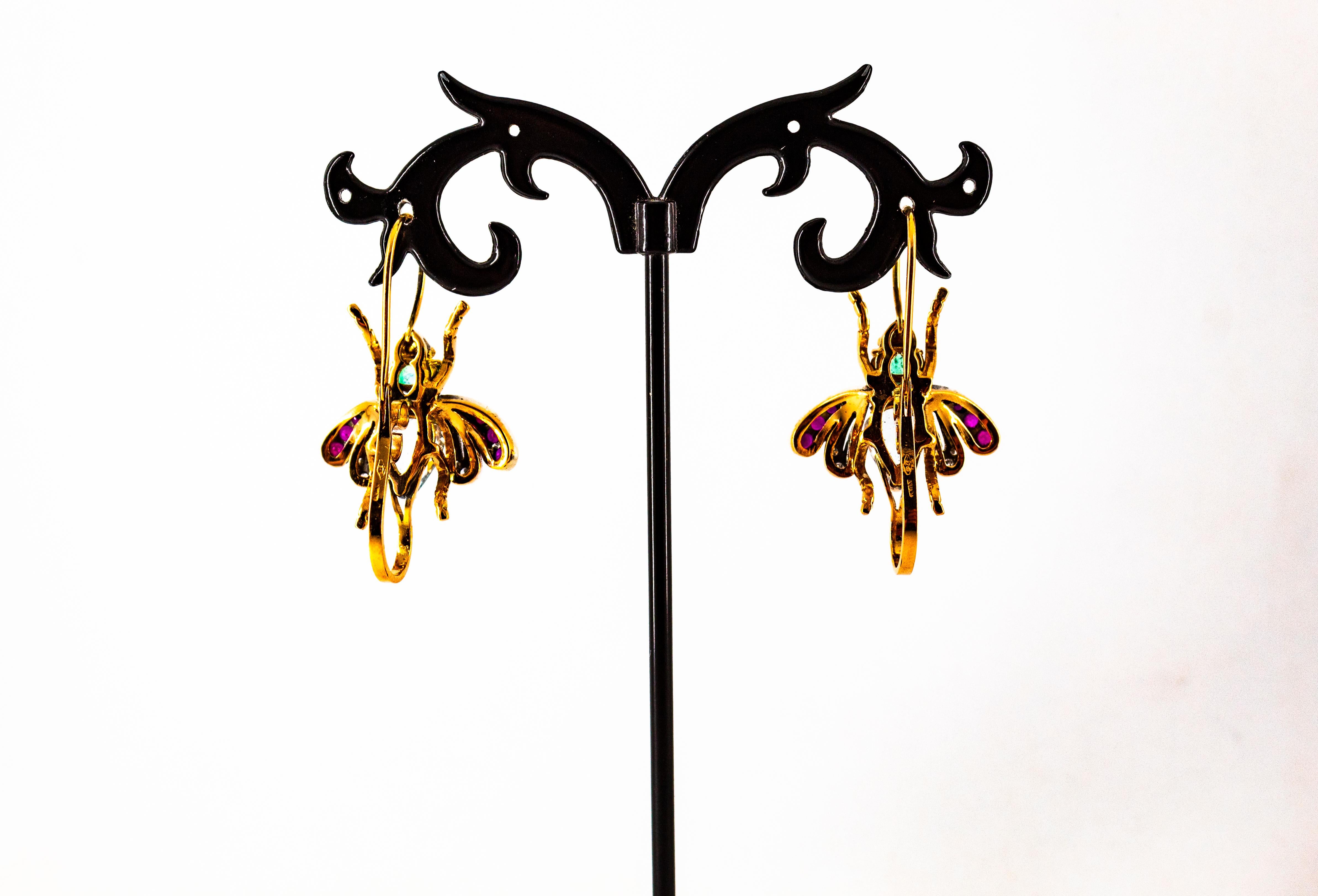 Boucles d'oreilles en goutte Art Nouveau en or jaune avec diamants blancs, rubis, émeraudes et aigue-marines en vente 6