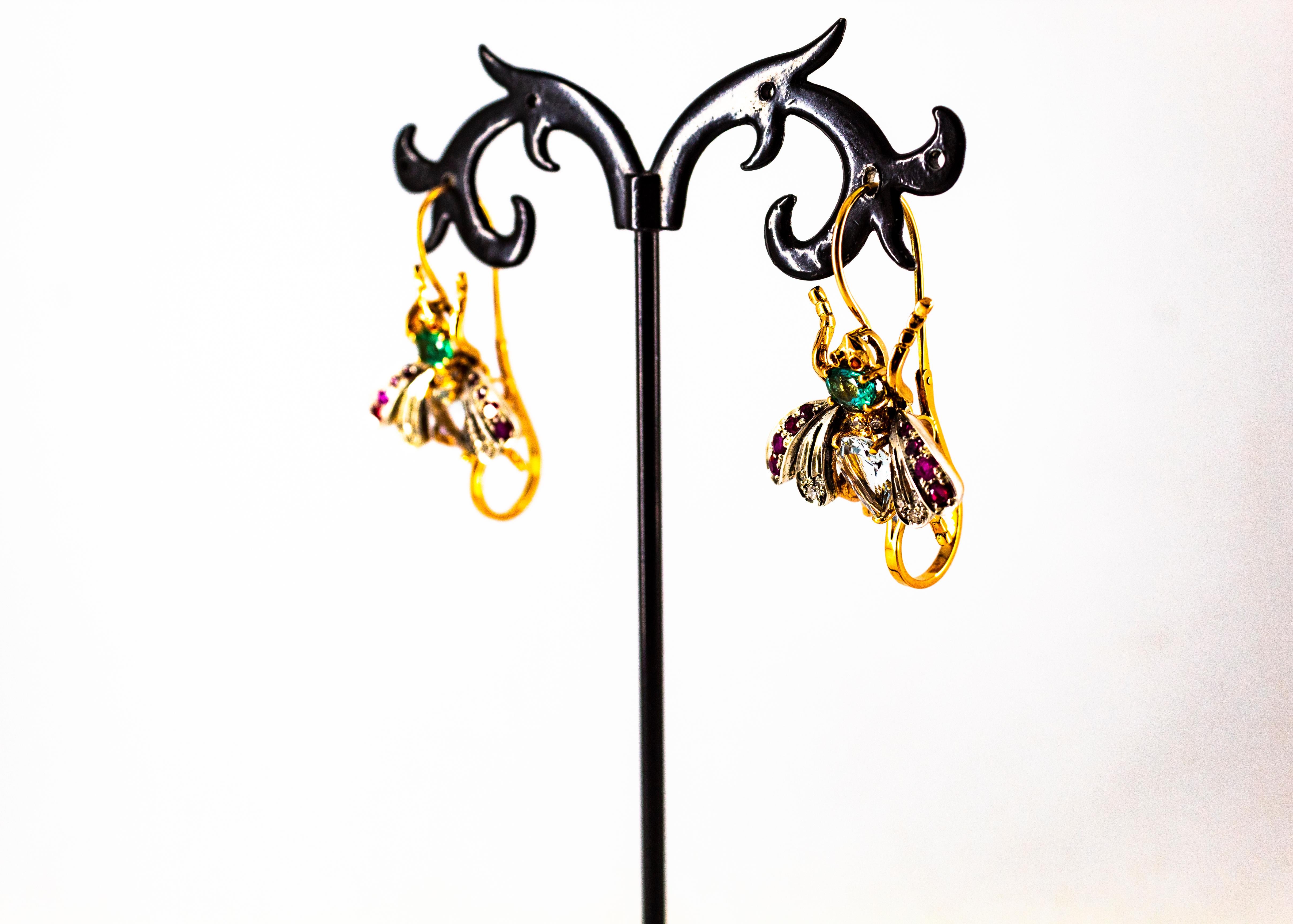 Boucles d'oreilles en goutte Art Nouveau en or jaune avec diamants blancs, rubis, émeraudes et aigue-marines en vente 7