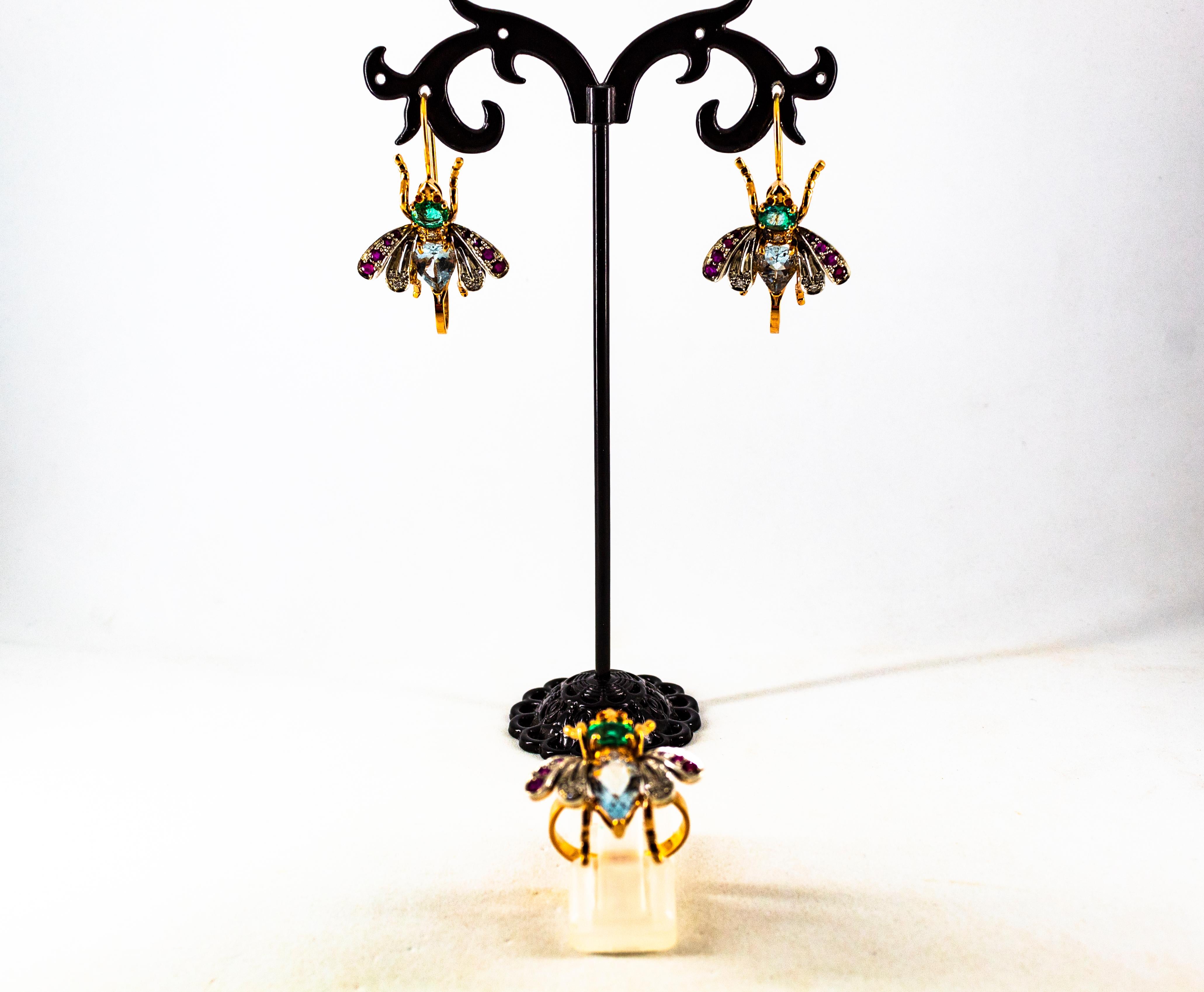 Orecchini Art Nouveau in oro giallo con diamante bianco, rubino, smeraldo e acquamarina in vendita 9