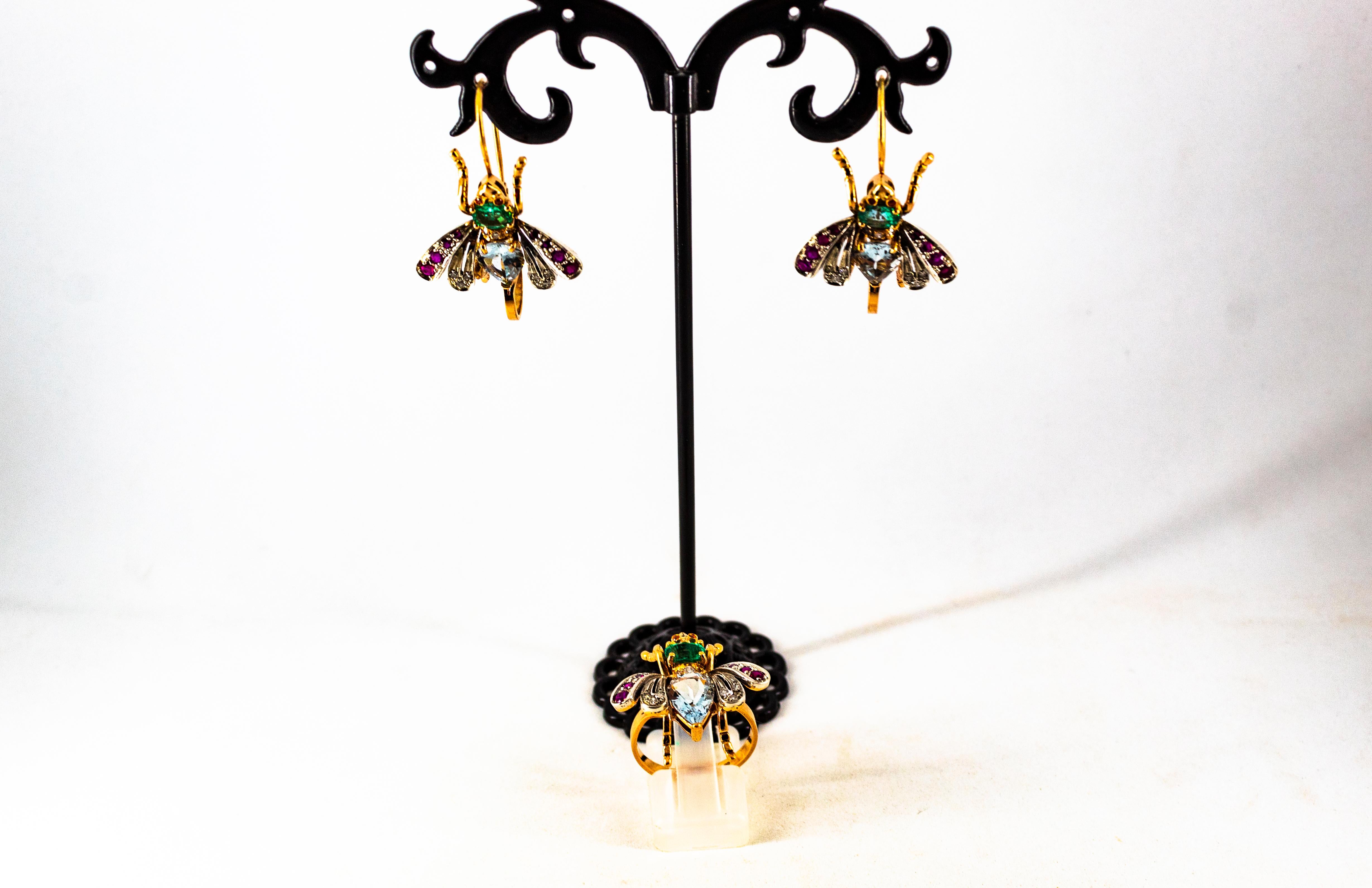 Boucles d'oreilles en goutte Art Nouveau en or jaune avec diamants blancs, rubis, émeraudes et aigue-marines en vente 9