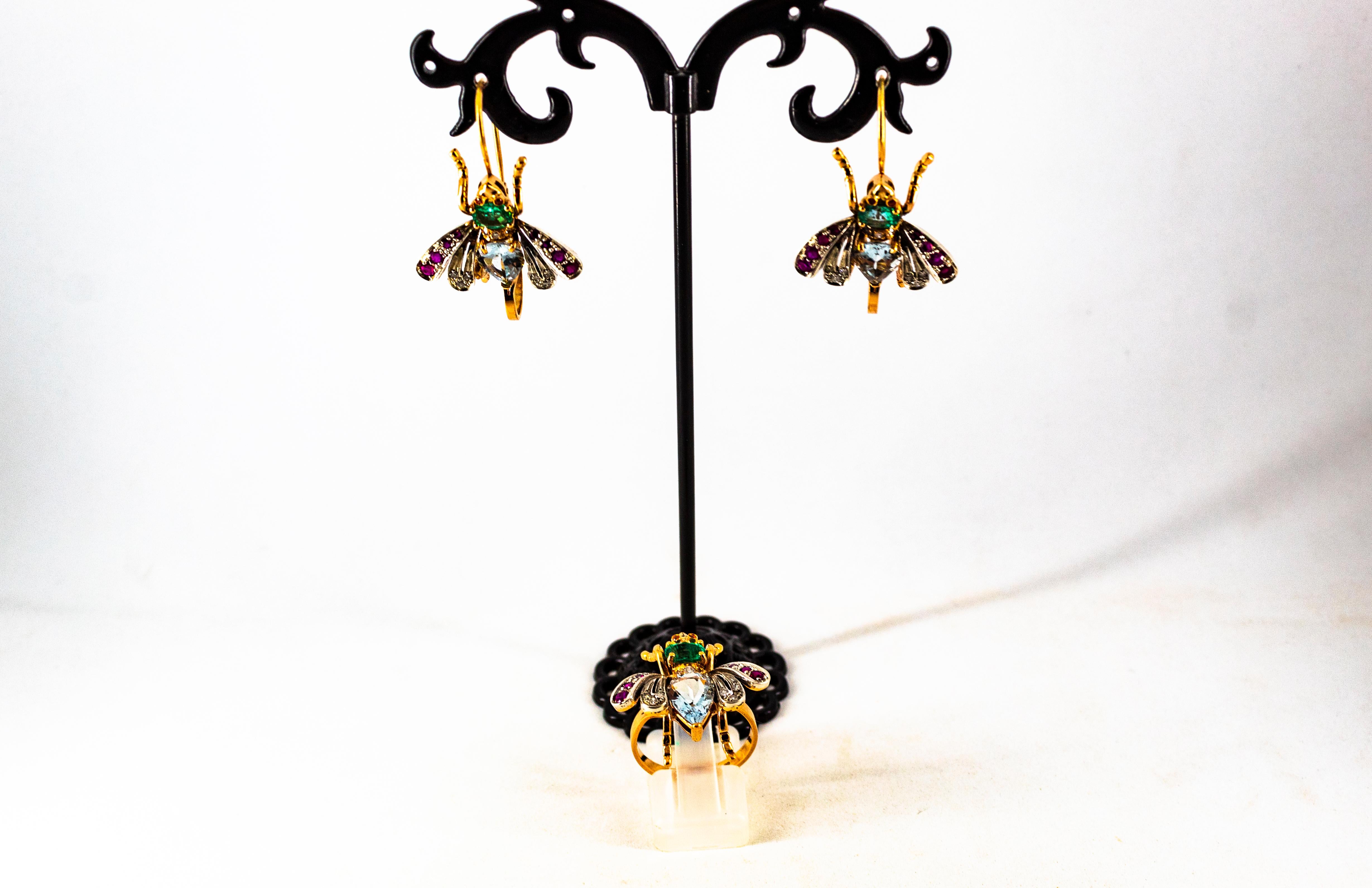 Orecchini Art Nouveau in oro giallo con diamante bianco, rubino, smeraldo e acquamarina in vendita 10