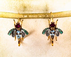 Art Nouveau White Diamond Ruby Emerald Aquamarine Yellow Gold Drop Earrings