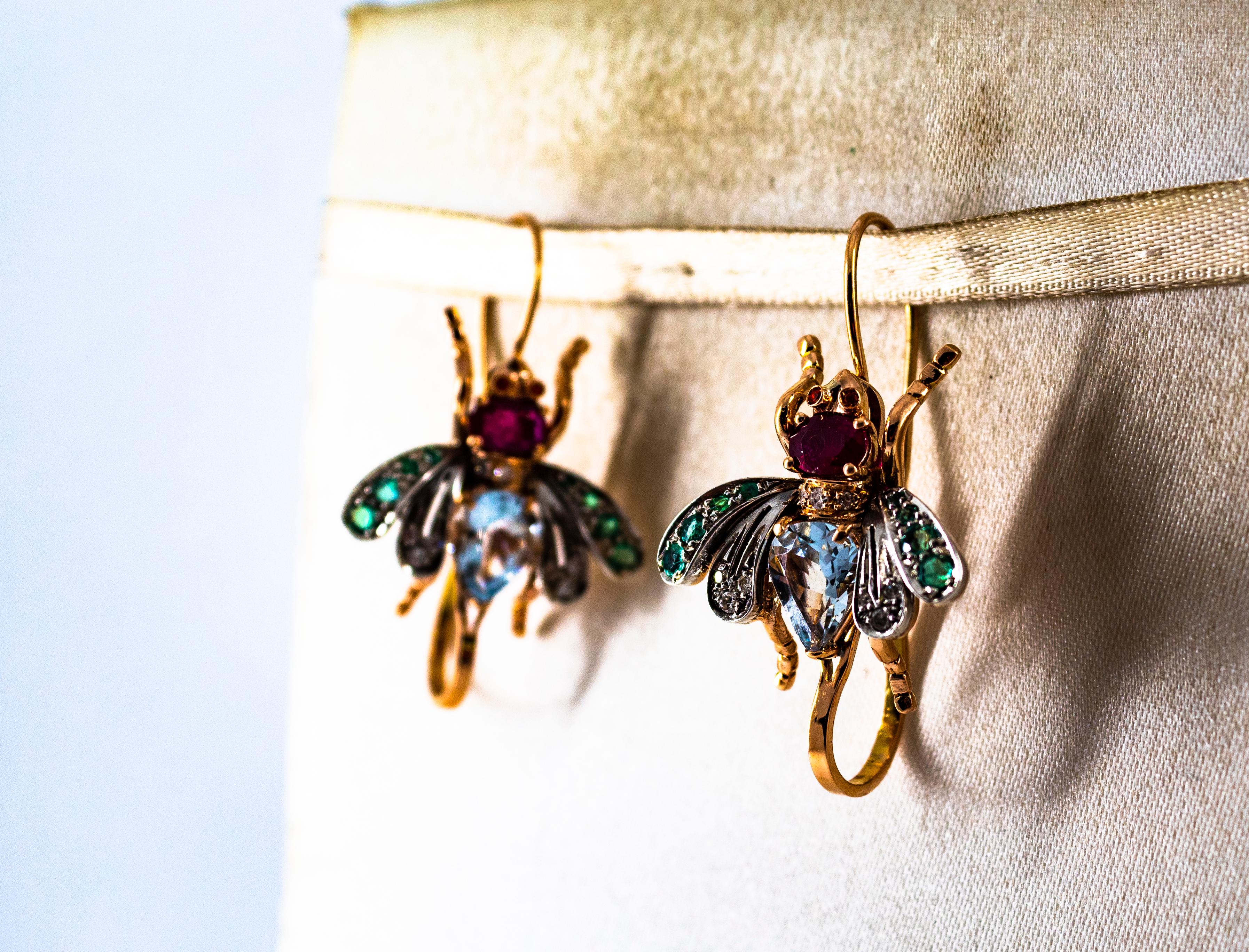 Taille brillant Boucles d'oreilles en goutte Art Nouveau en or jaune avec diamants blancs, rubis, émeraudes et aigue-marines en vente