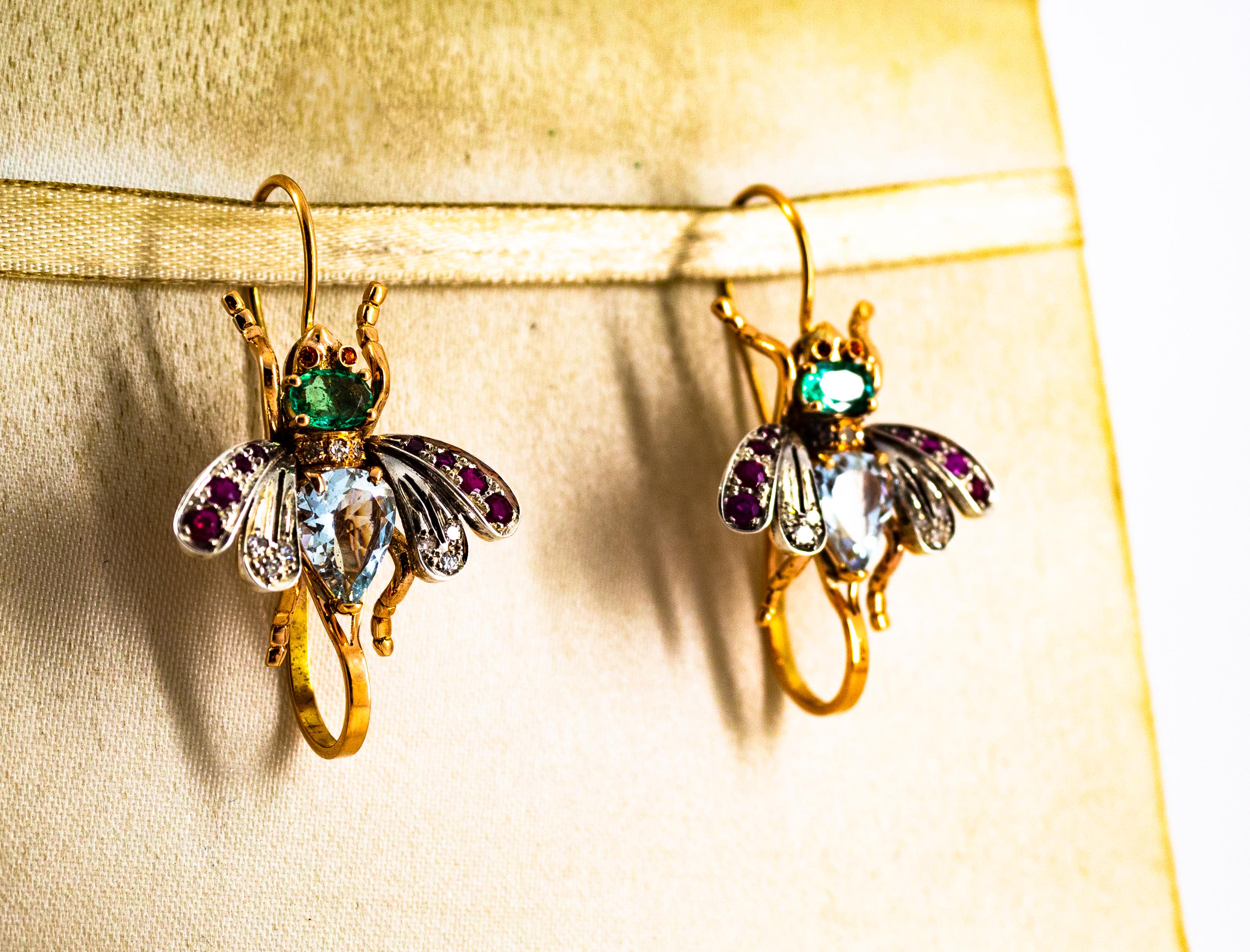 Women's or Men's Art Nouveau White Diamond Ruby Emerald Aquamarine Yellow Gold Drop Earrings