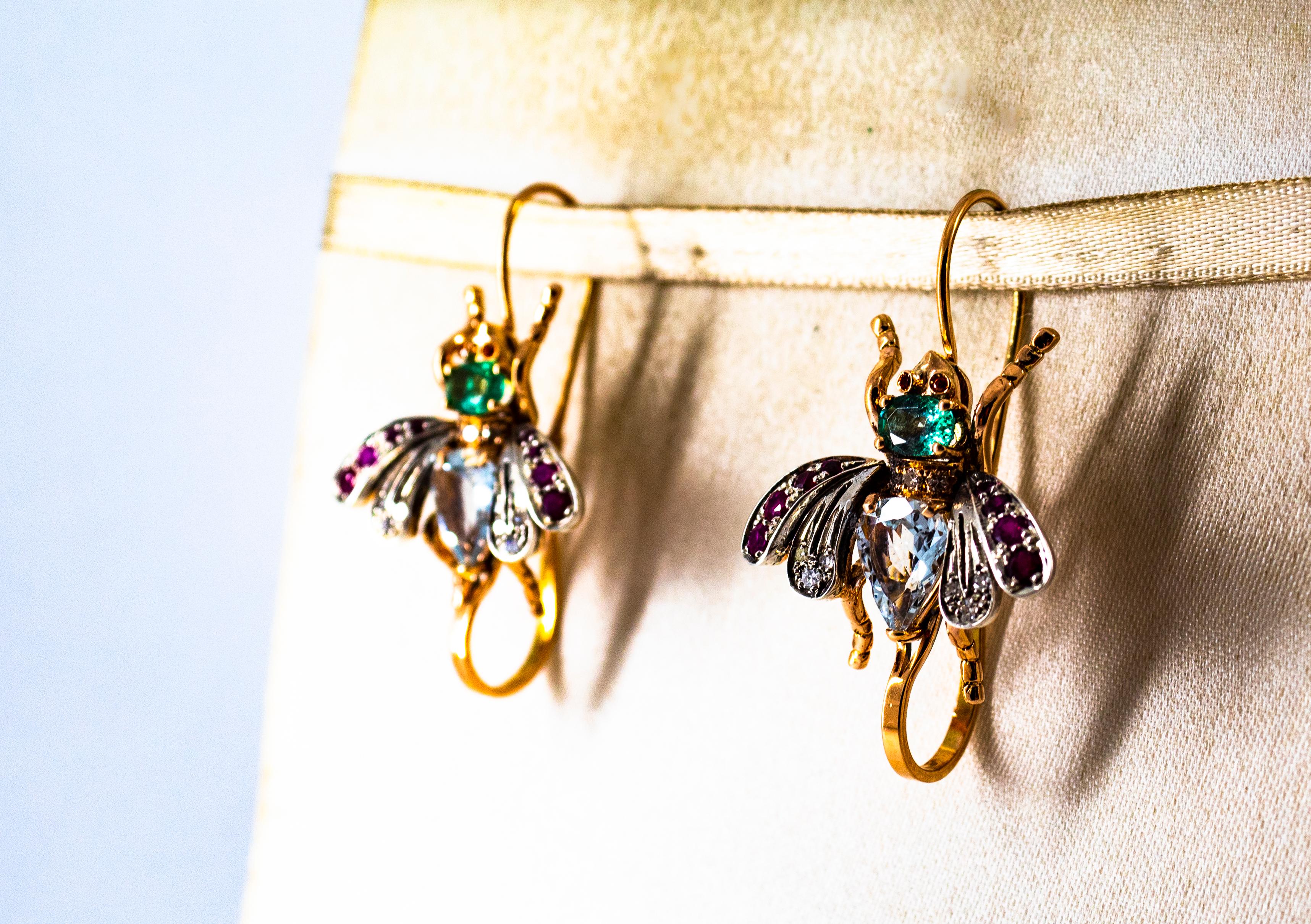 Boucles d'oreilles en goutte Art Nouveau en or jaune avec diamants blancs, rubis, émeraudes et aigue-marines en vente 1
