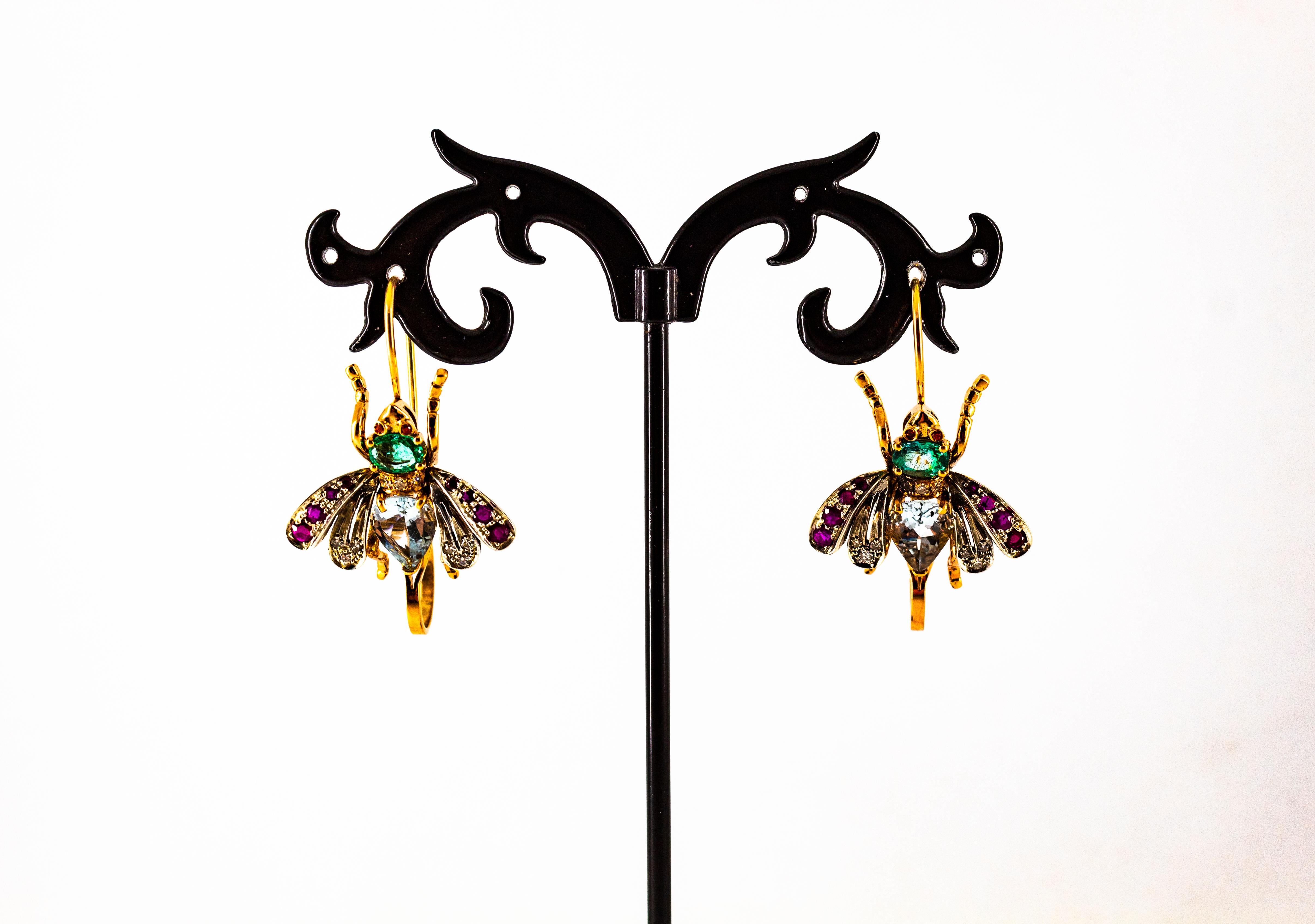 Boucles d'oreilles en goutte Art Nouveau en or jaune avec diamants blancs, rubis, émeraudes et aigue-marines en vente 2