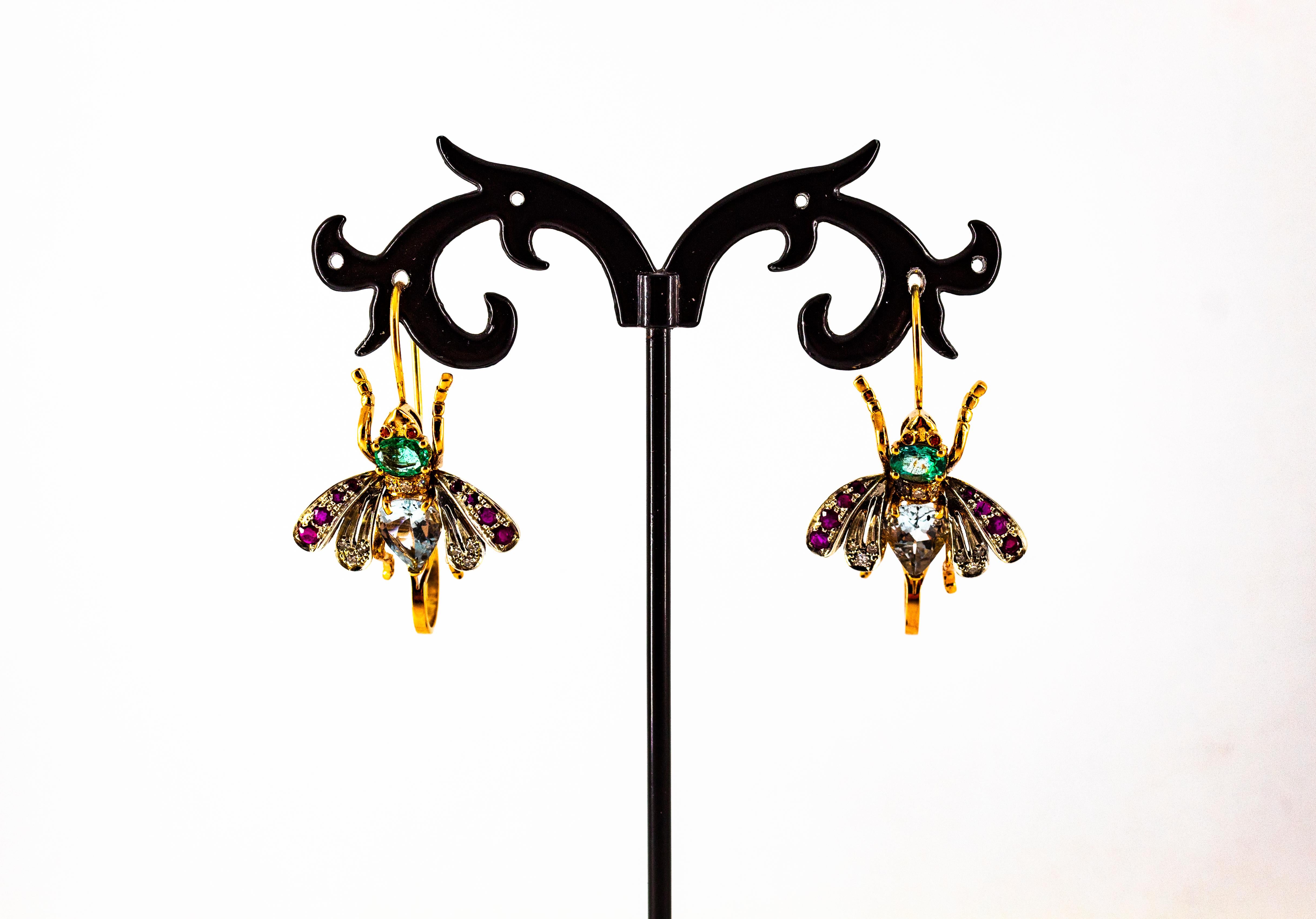 Orecchini Art Nouveau in oro giallo con diamante bianco, rubino, smeraldo e acquamarina in vendita 4