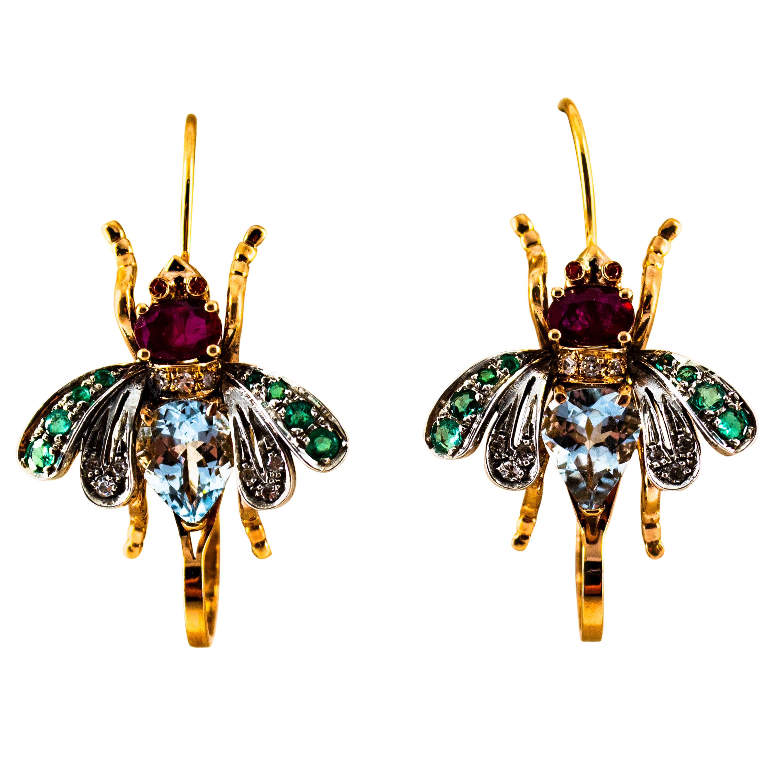 Art Nouveau Pendientes Gota Oro Amarillo Diamante Blanco Rubí Esmeralda Aguamarina