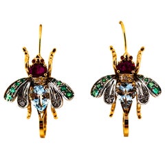 Art Nouveau Pendientes Gota Oro Amarillo Diamante Blanco Rubí Esmeralda Aguamarina