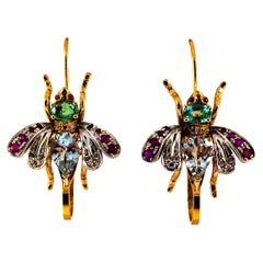 Art Nouveau Pendientes Gota Oro Amarillo Diamante Blanco Rubí Esmeralda Aguamarina