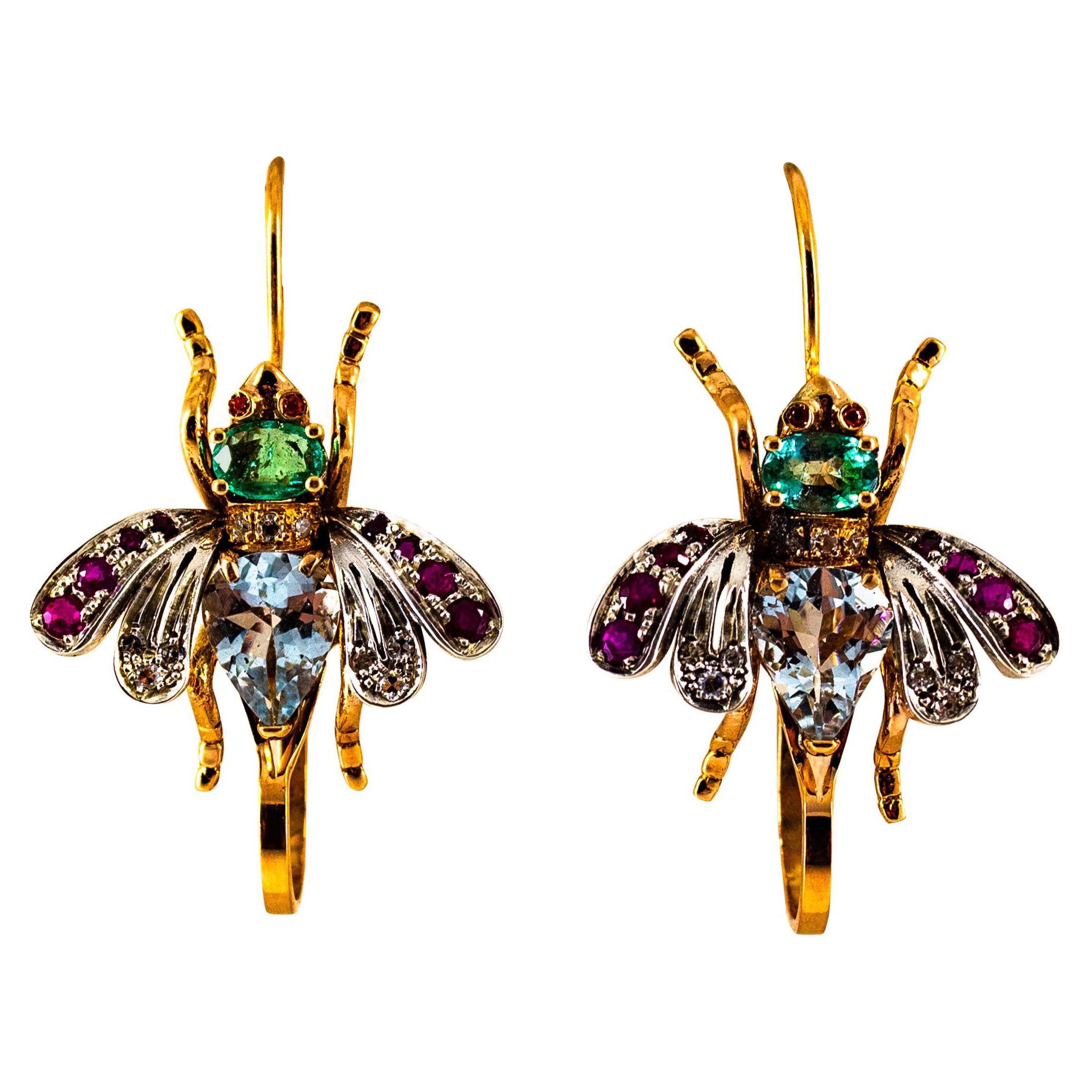 Art Nouveau White Diamond Ruby Emerald Aquamarine Yellow Gold Drop Earrings