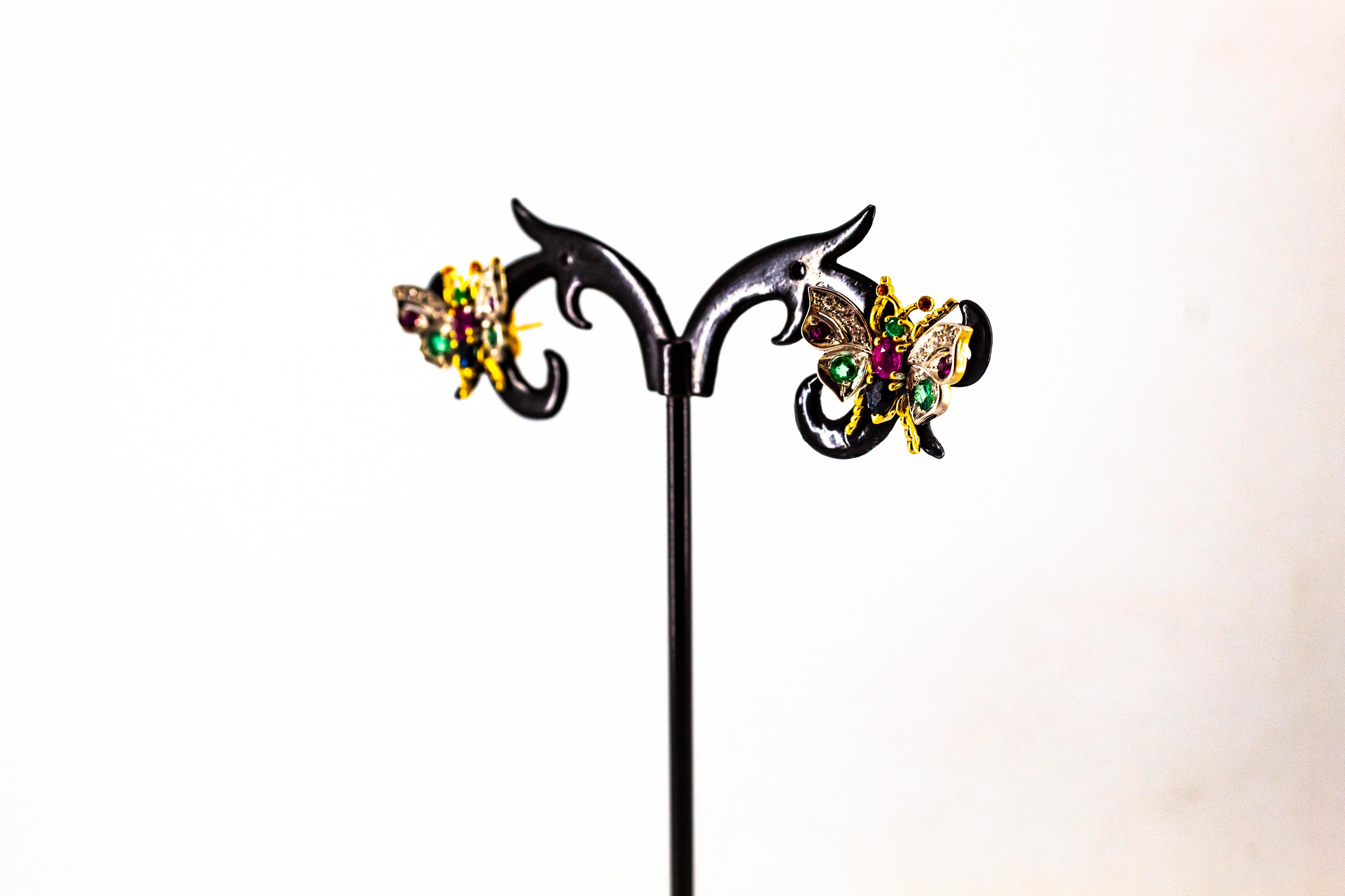 Art Nouveau White Diamond Ruby Emerald Blue Sapphire White Gold Stud Earrings in vendita 6