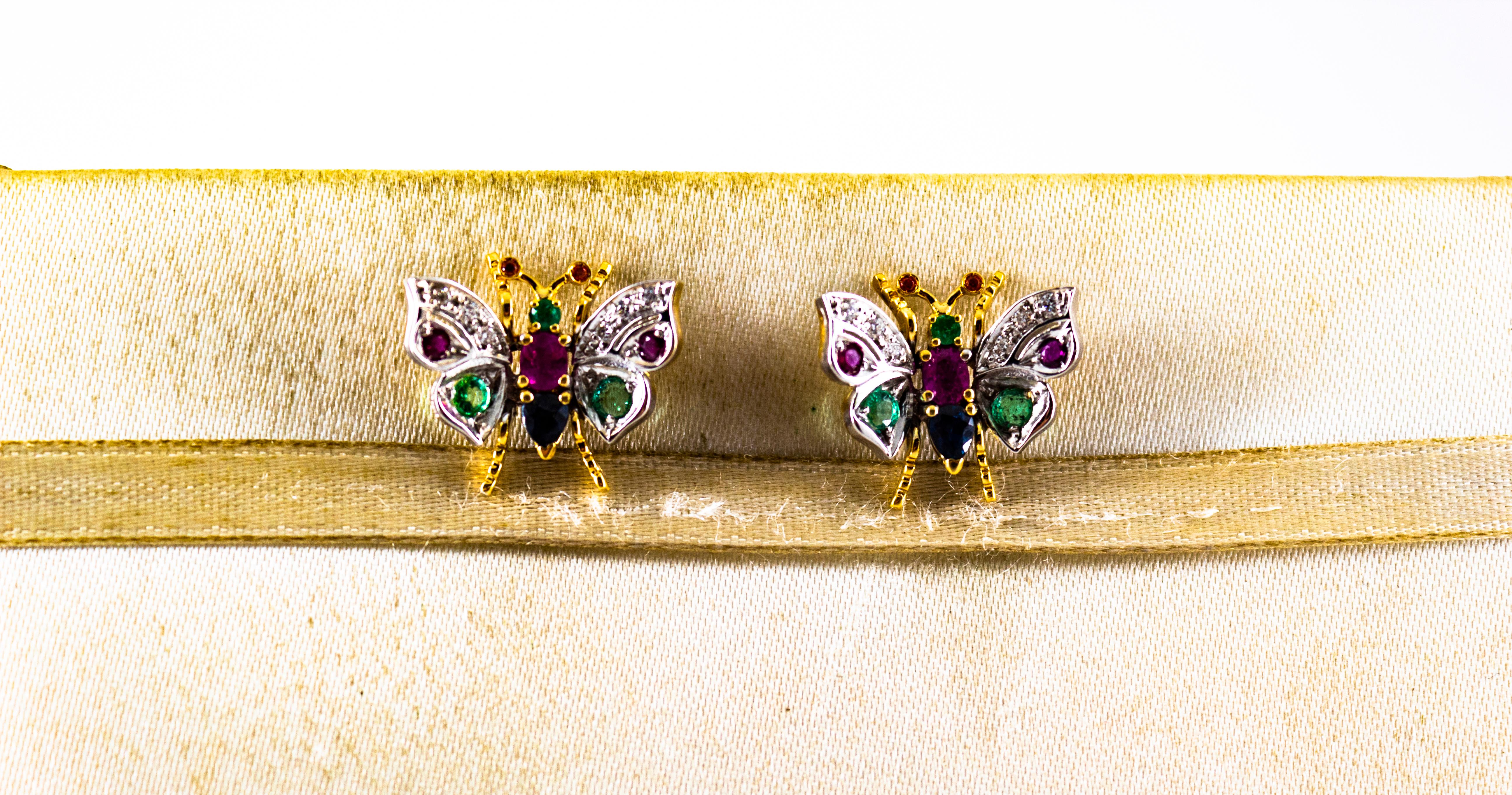 Taglio brillante Art Nouveau White Diamond Ruby Emerald Blue Sapphire White Gold Stud Earrings in vendita