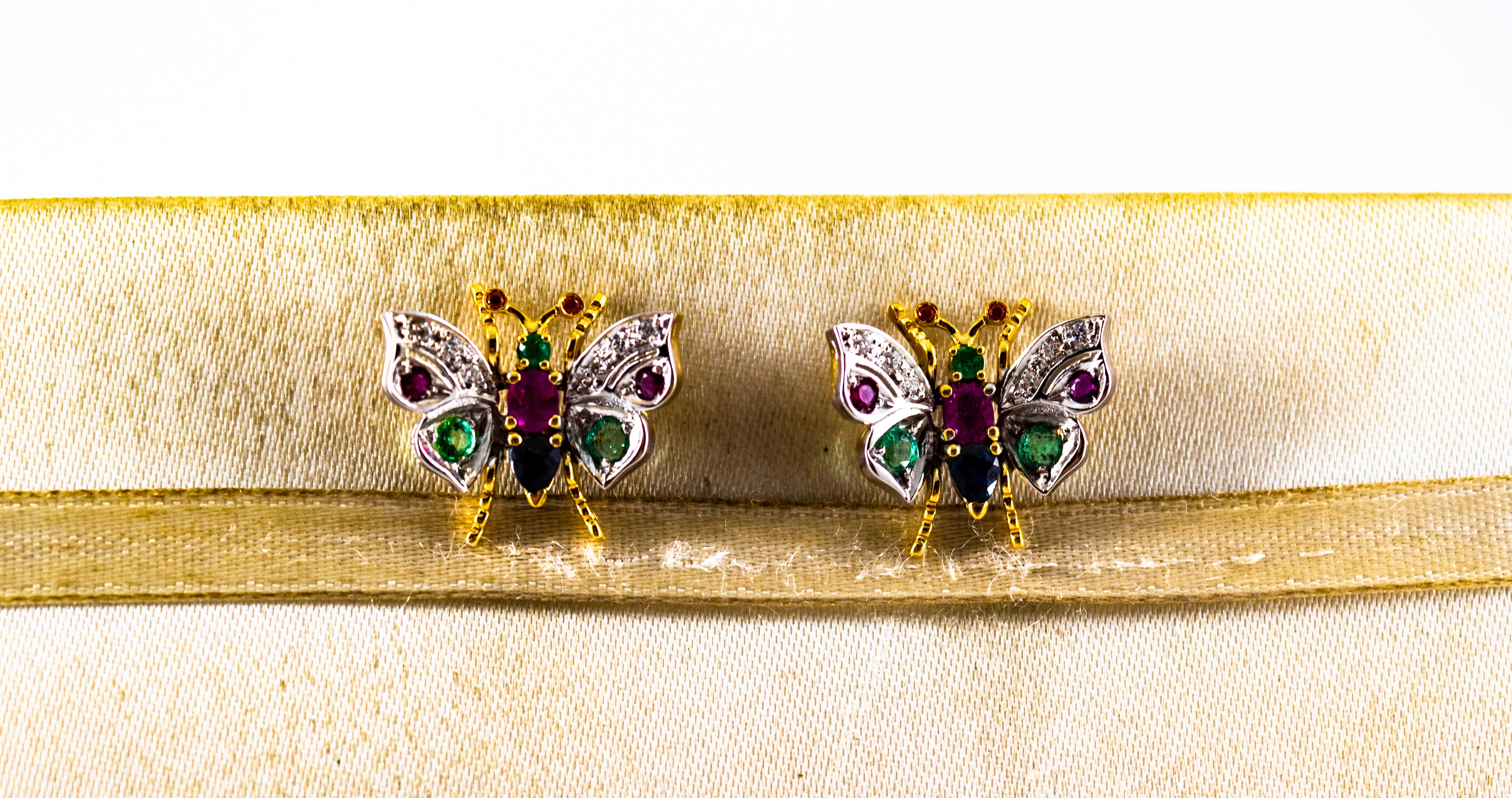 Art Nouveau White Diamond Ruby Emerald Blue Sapphire White Gold Stud Earrings In condizioni Nuovo in vendita a Naples, IT