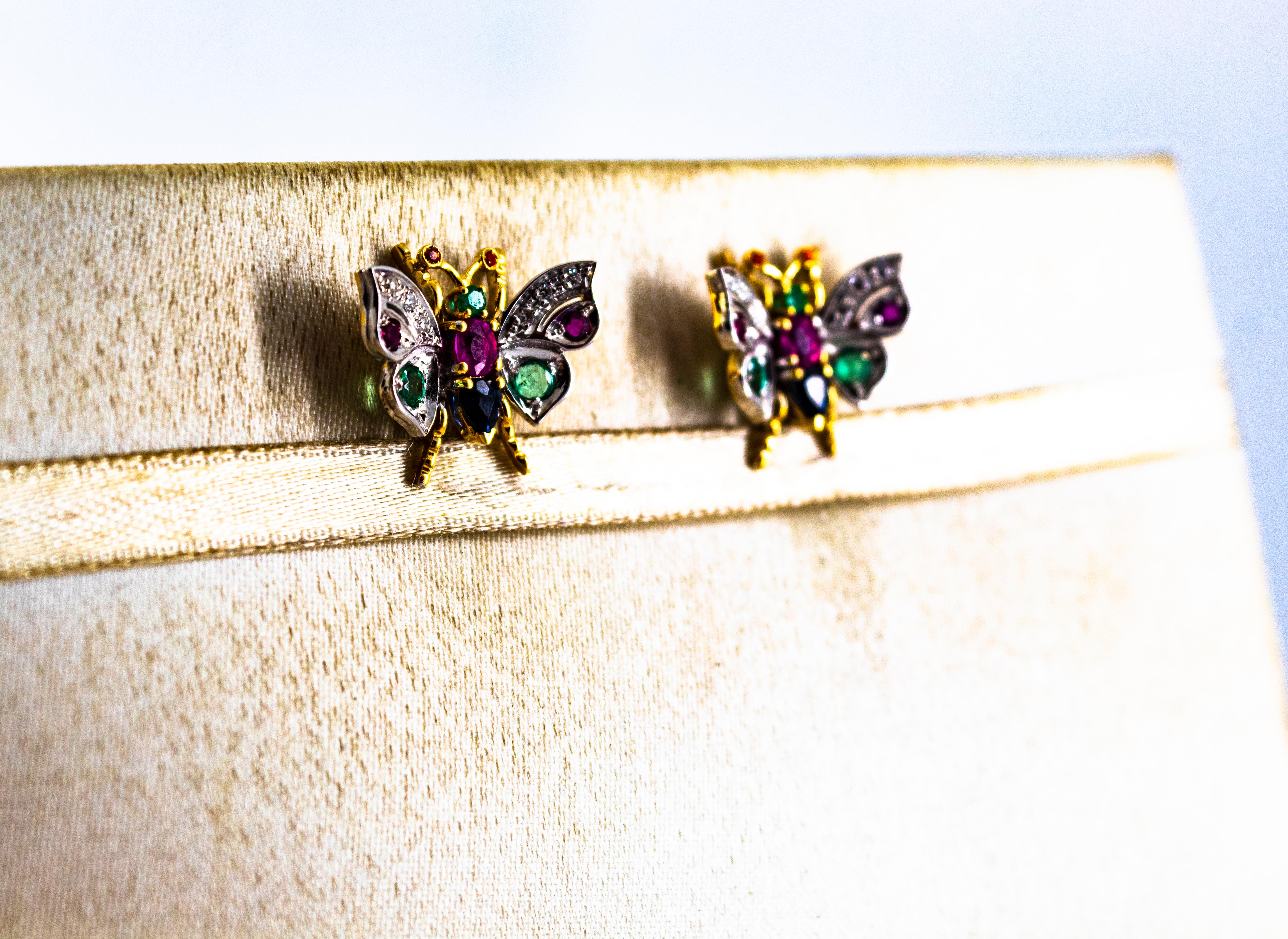 da uomo o donna Art Nouveau White Diamond Ruby Emerald Blue Sapphire White Gold Stud Earrings in vendita