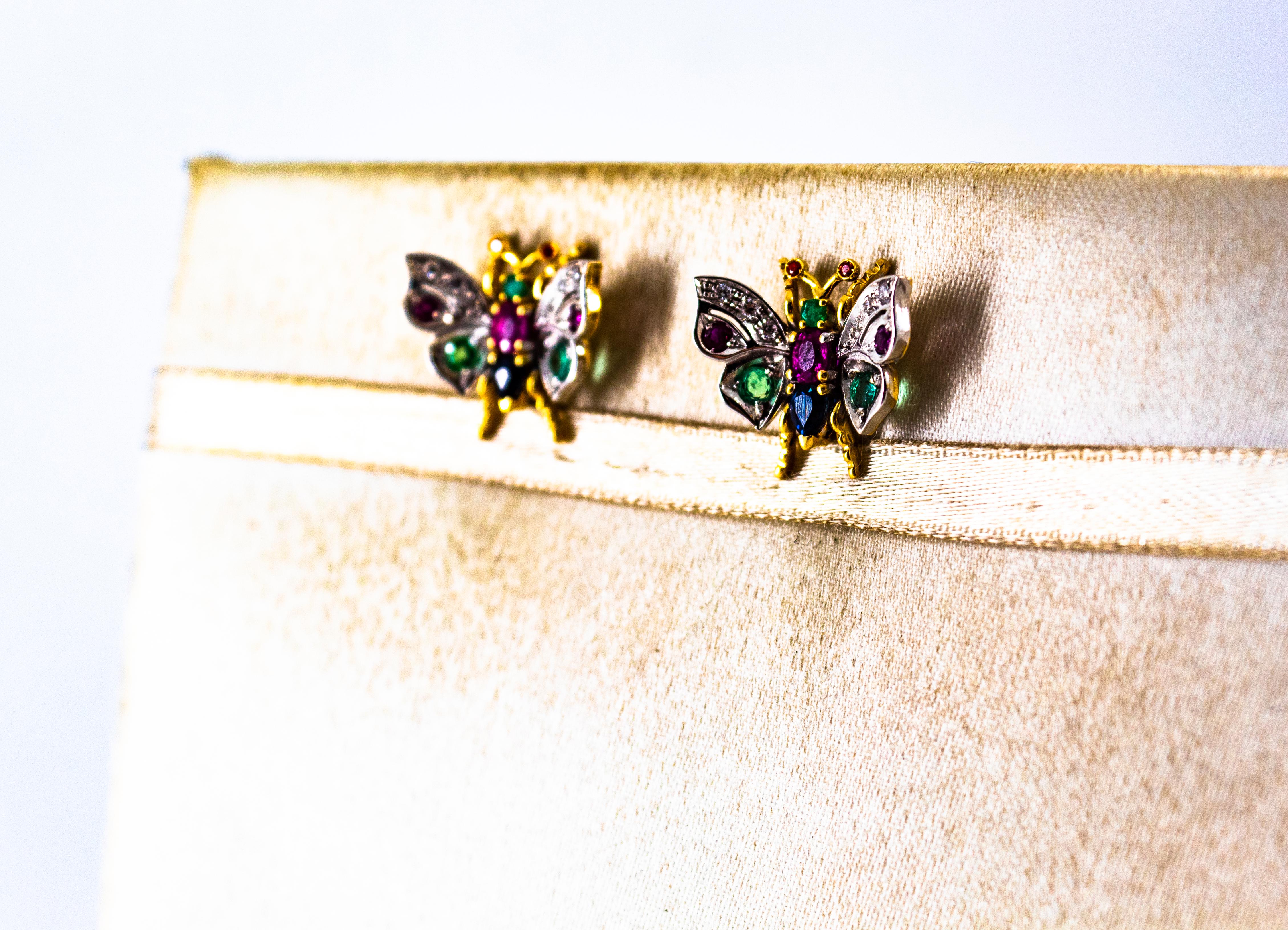 Art Nouveau White Diamond Ruby Emerald Blue Sapphire White Gold Stud Earrings in vendita 1