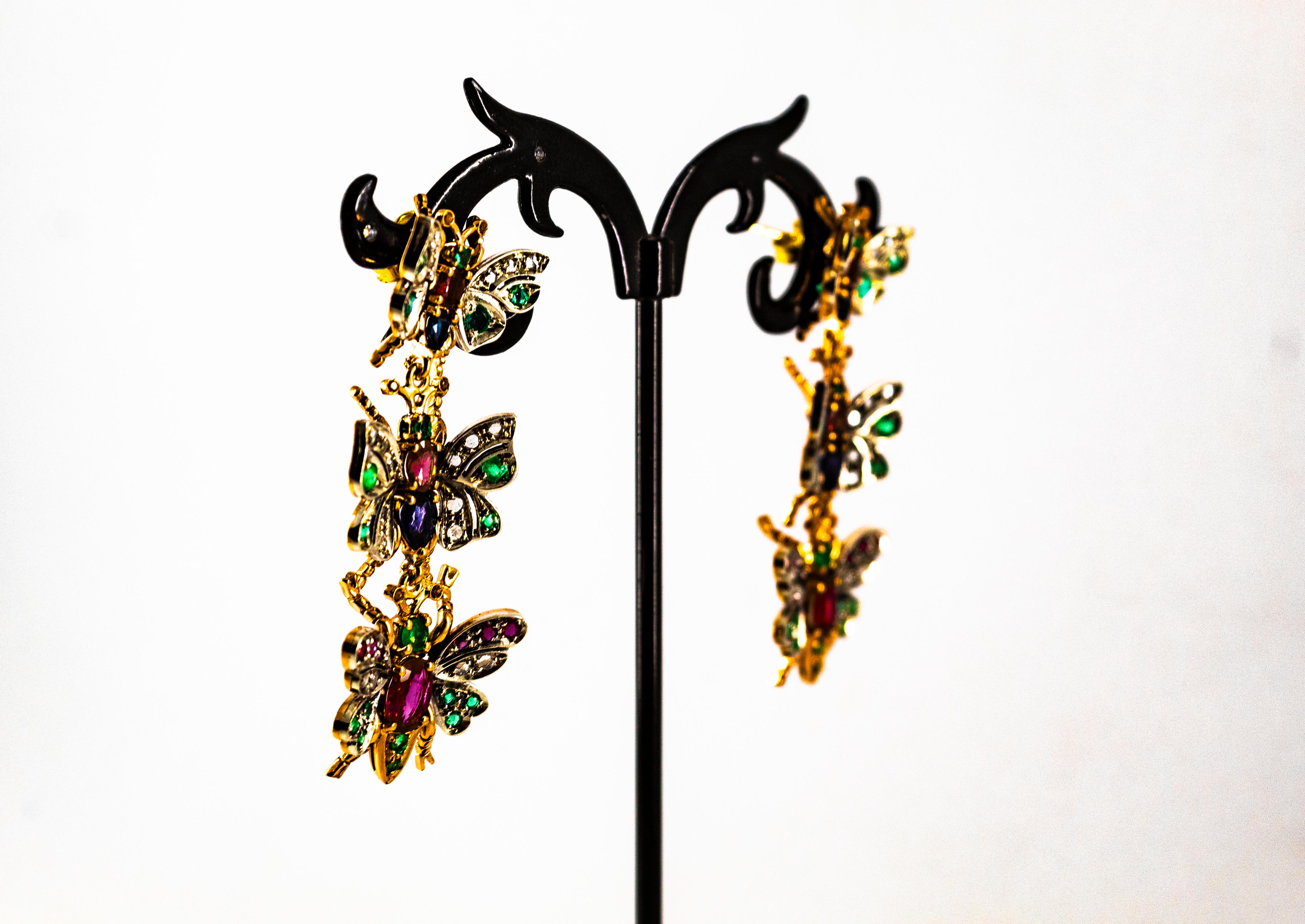 Art Nouveau White Diamond Ruby Emerald Sapphire Yellow Gold Butterflies Earrings For Sale 5