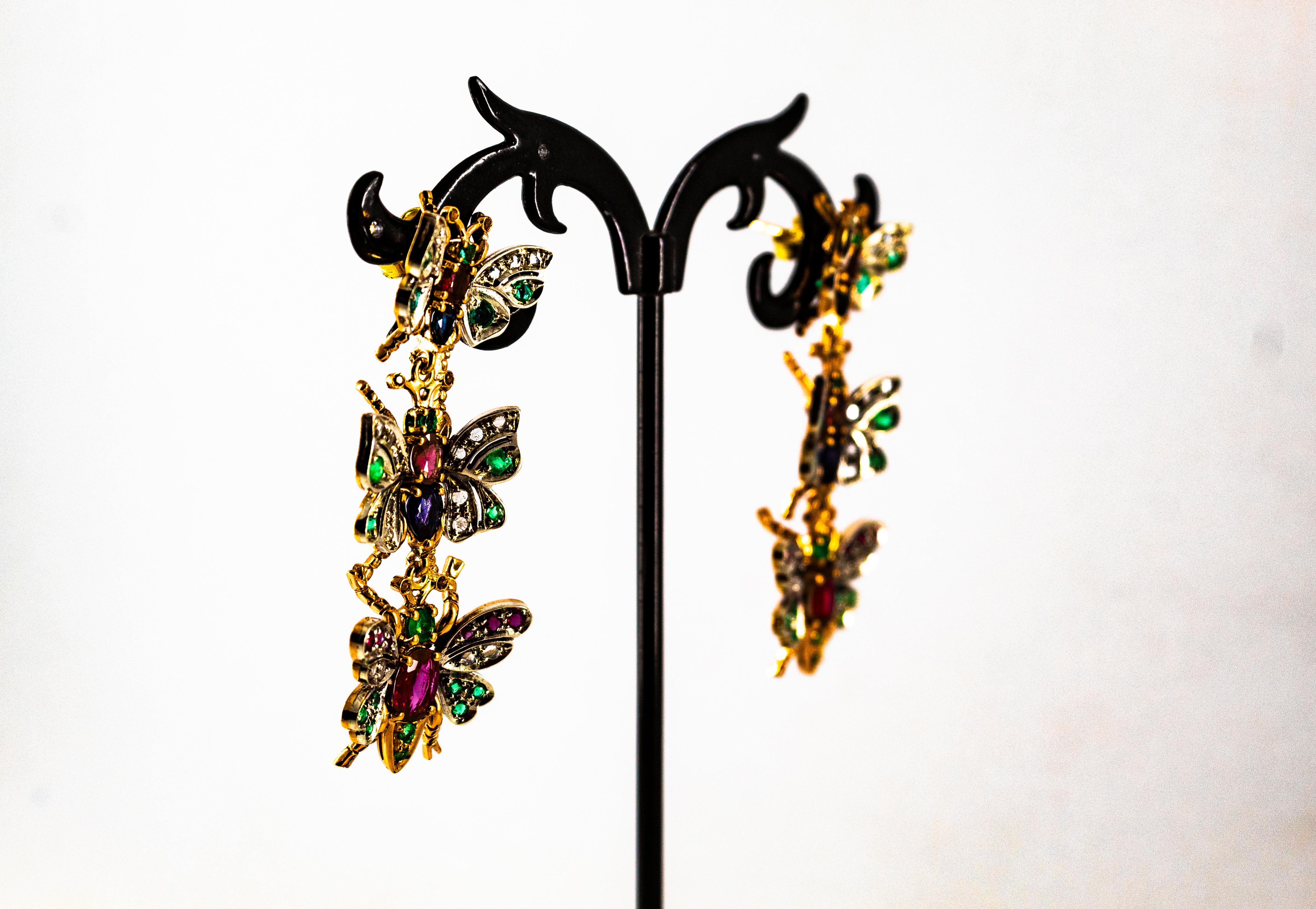 Art Nouveau White Diamond Ruby Emerald Sapphire Yellow Gold Butterflies Earrings For Sale 6